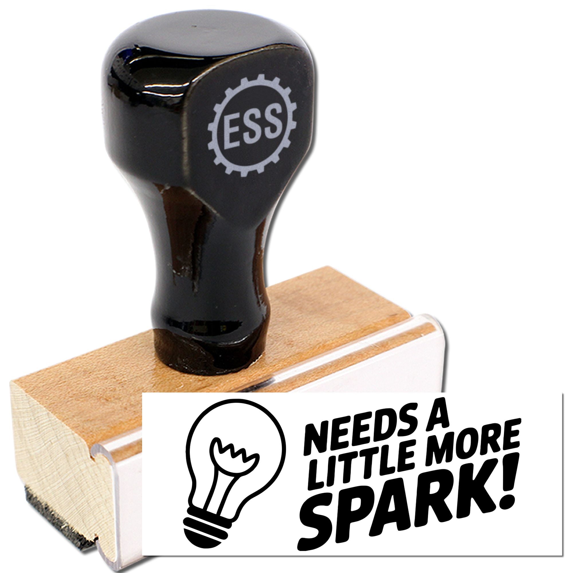 Black ESS stamp and wooden seal block with white Needs a little more spark! design