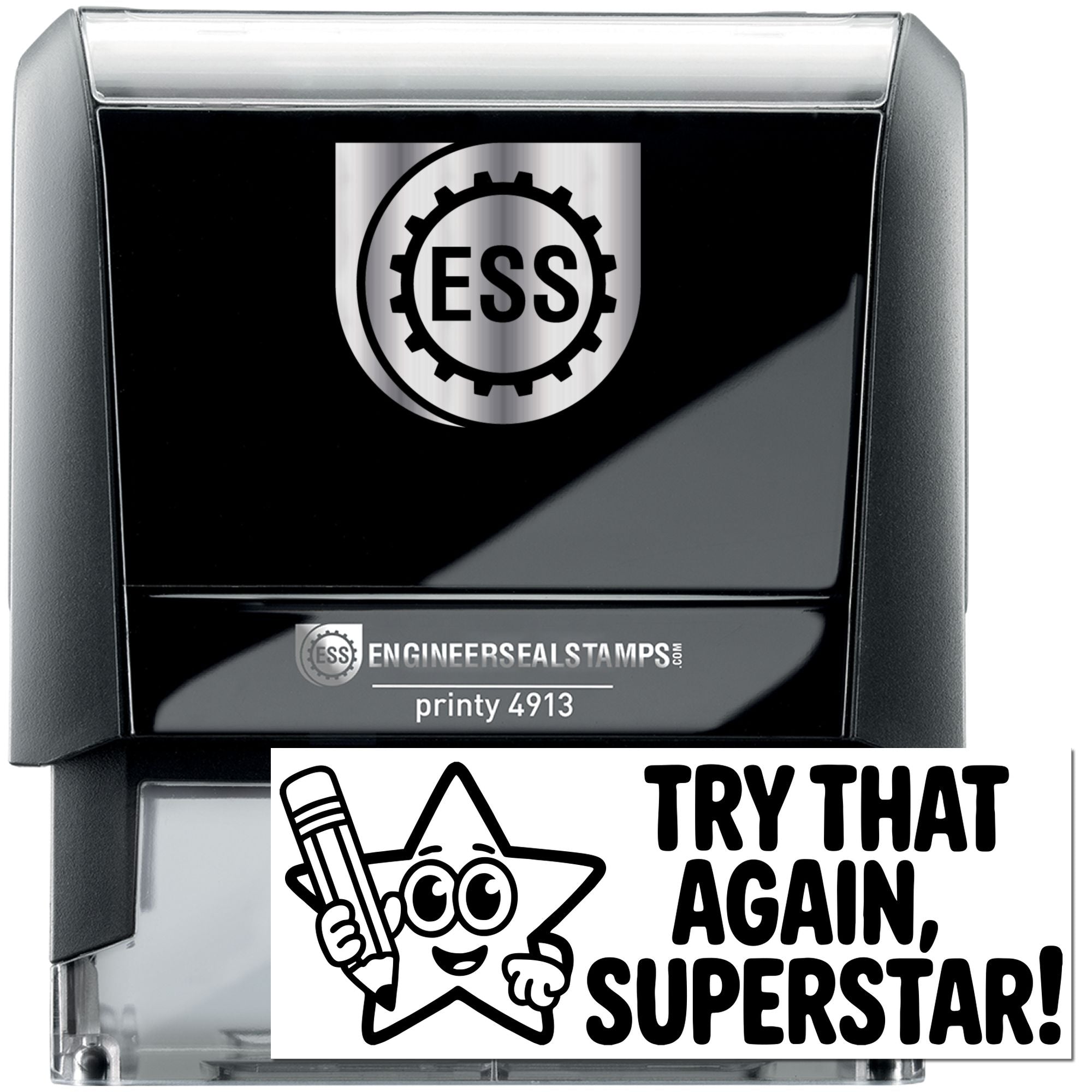 Black self-inking stamp and seal with silver ESS gear logo, Printy 4913 branding, clear casing.