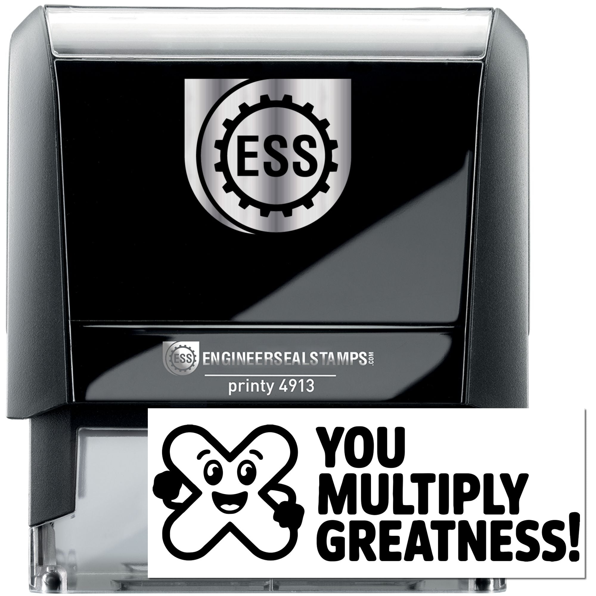 Black self-inking engineering seal stamp with silver top, ESS logo, and white You Multiply Greatness! seal insert