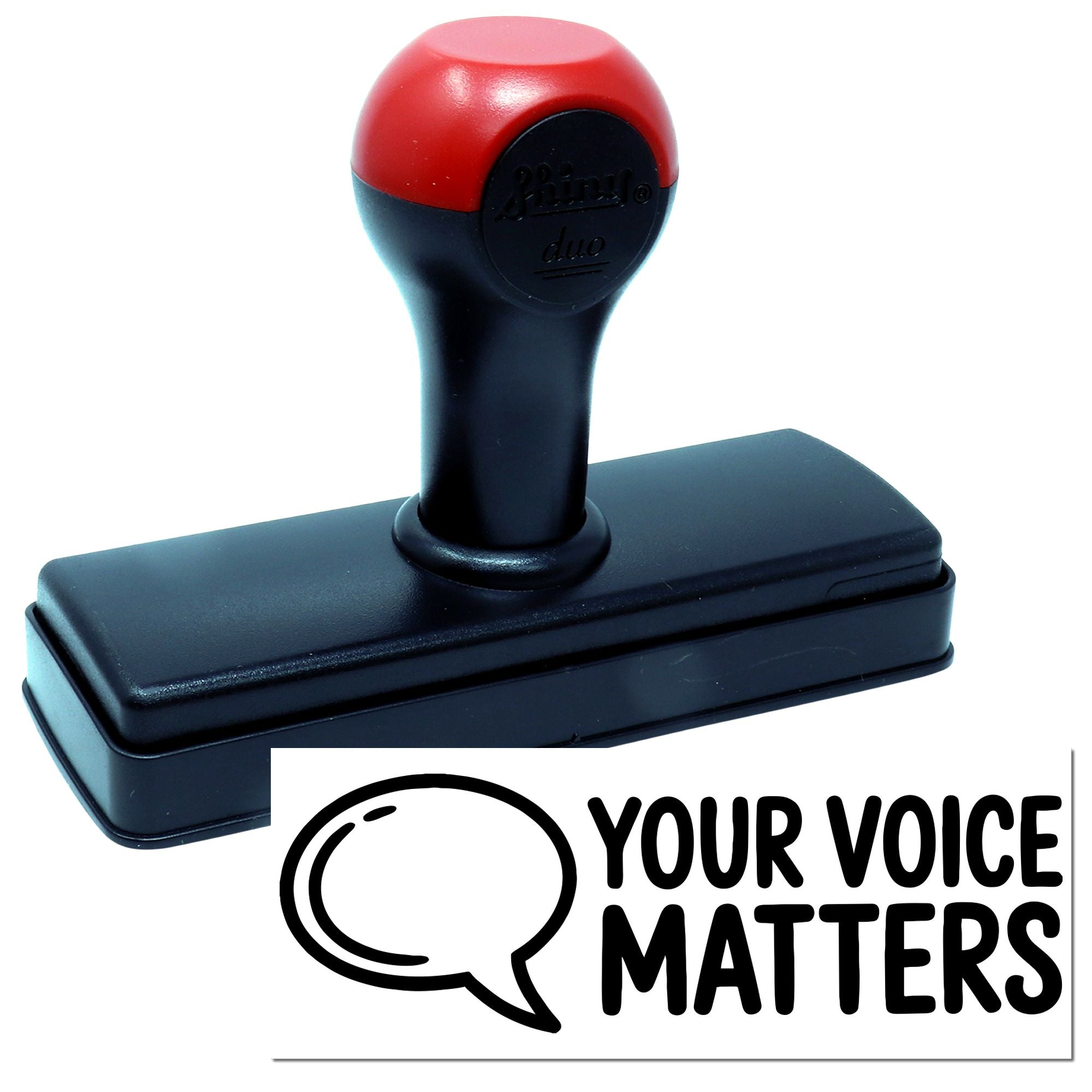 Red and black self-inking stamp and seal with Your Voice Matters logo