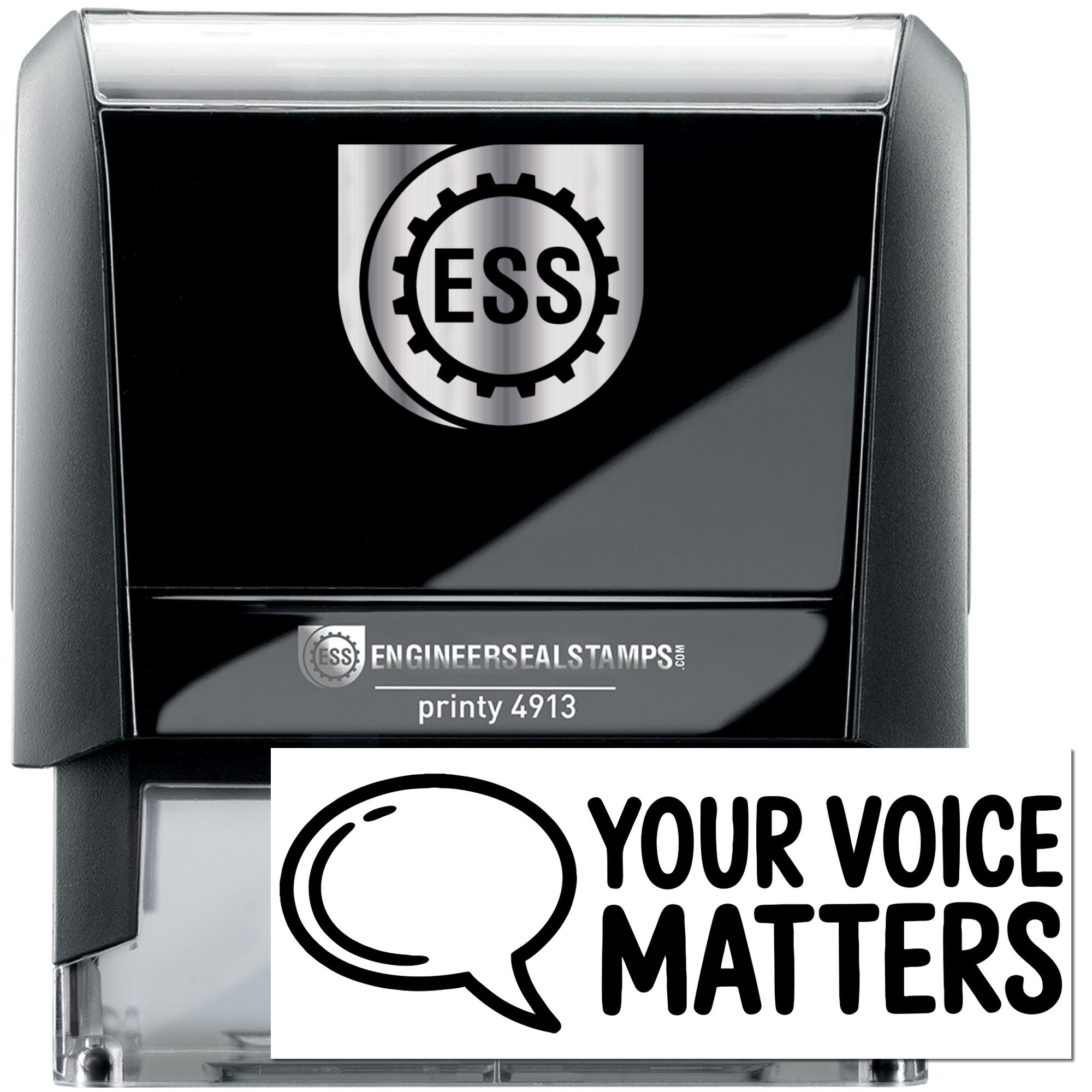 Black and silver ESS self-inking engineer seal stamp, with gear logo, Printy 4913, and Your Voice Matters branding.