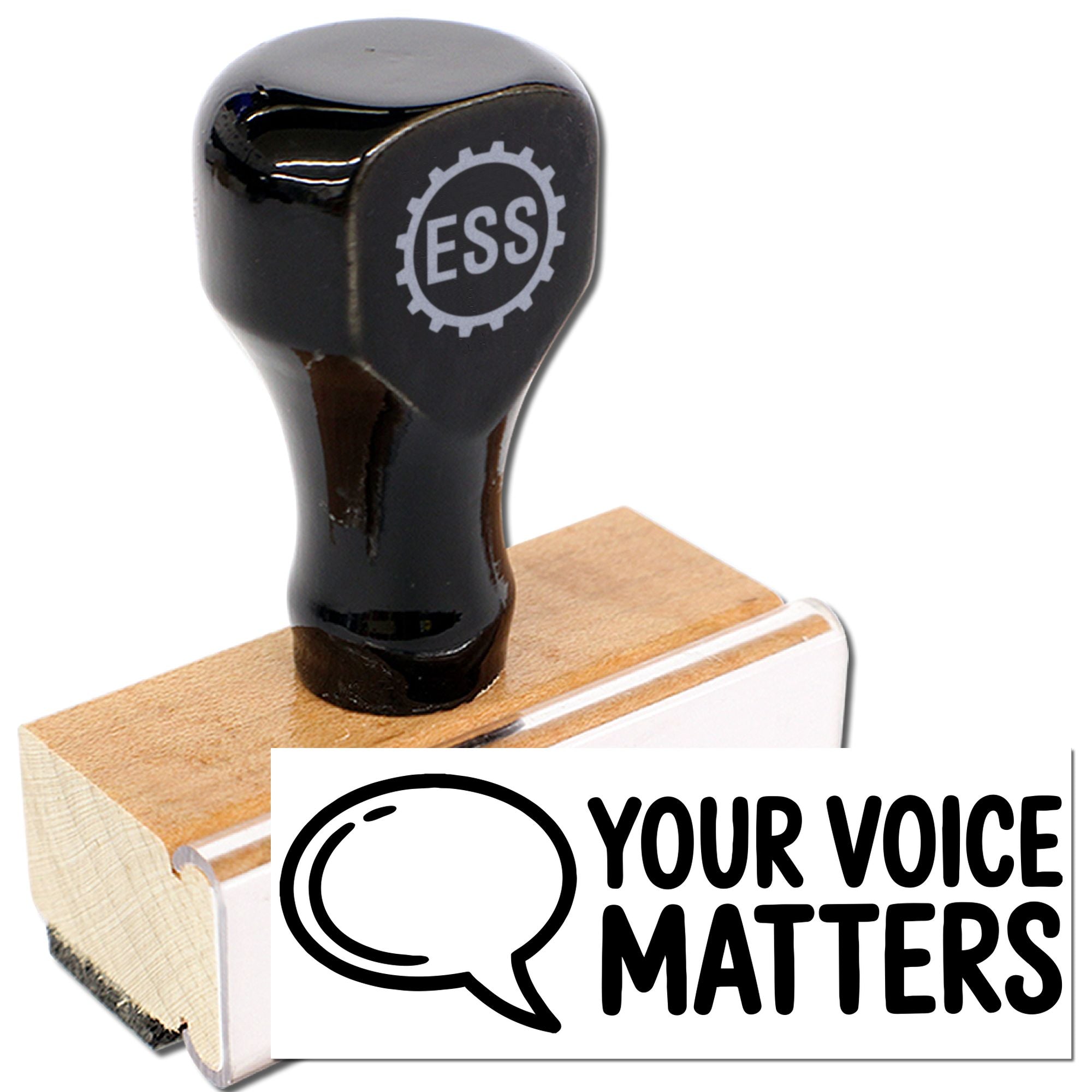 Black rubber stamp with ESS logo on wooden base and Your Voice Matters seal on white background.