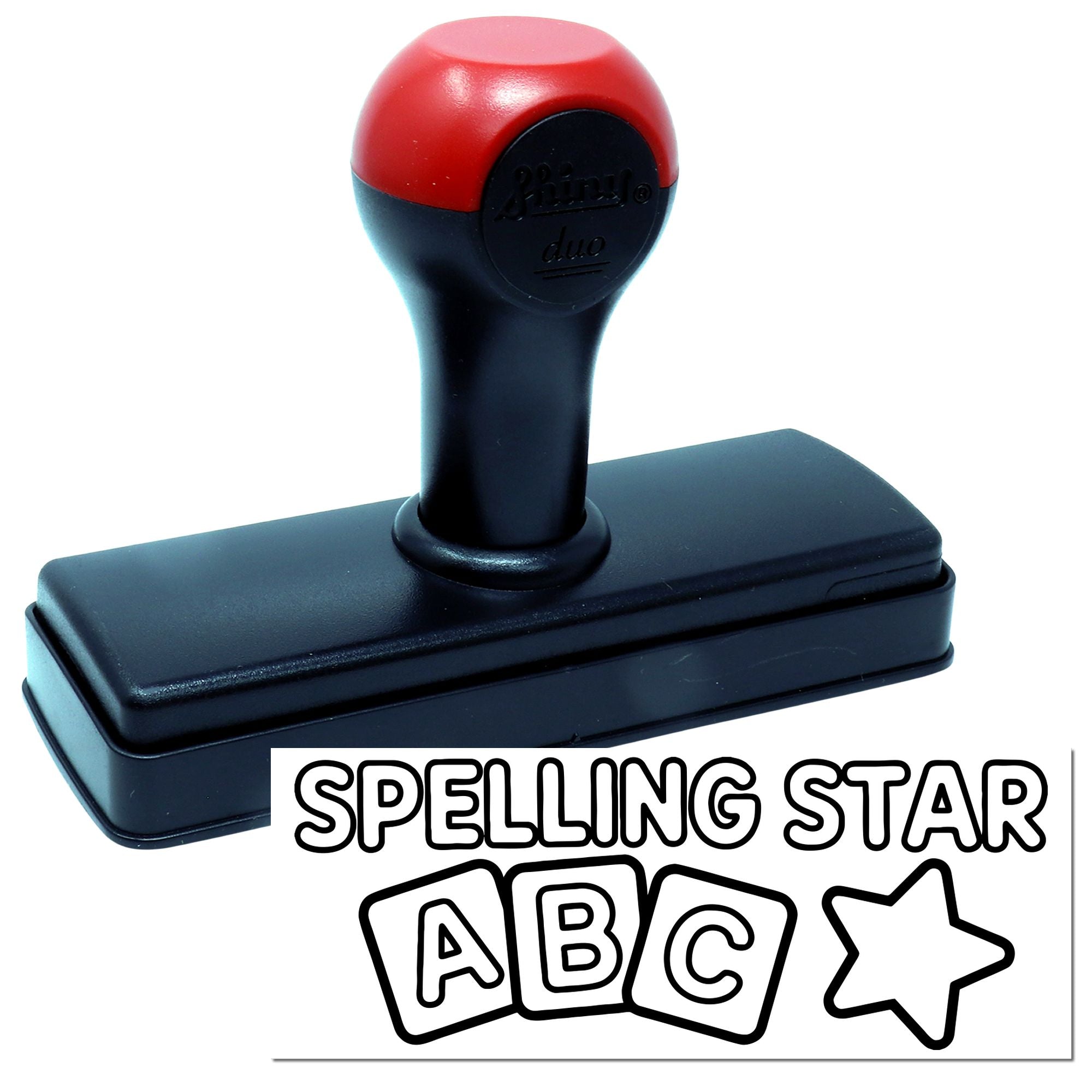 Black and red self-inking stamp and seal with rectangular base and spelling star ABC logo on white background.