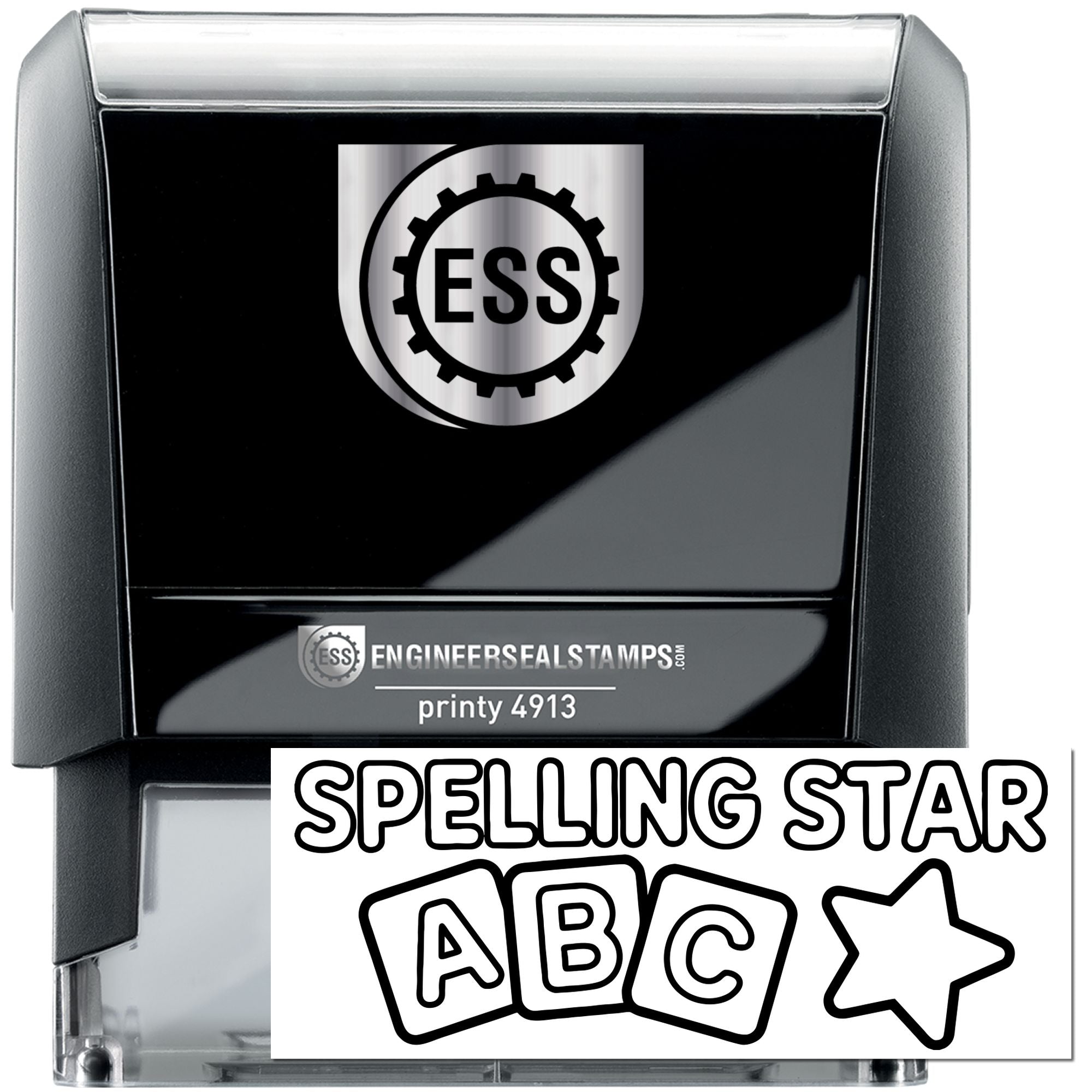 Black and silver self-inking engineer seal stamp with ESS logo and spelling star ABC graphic