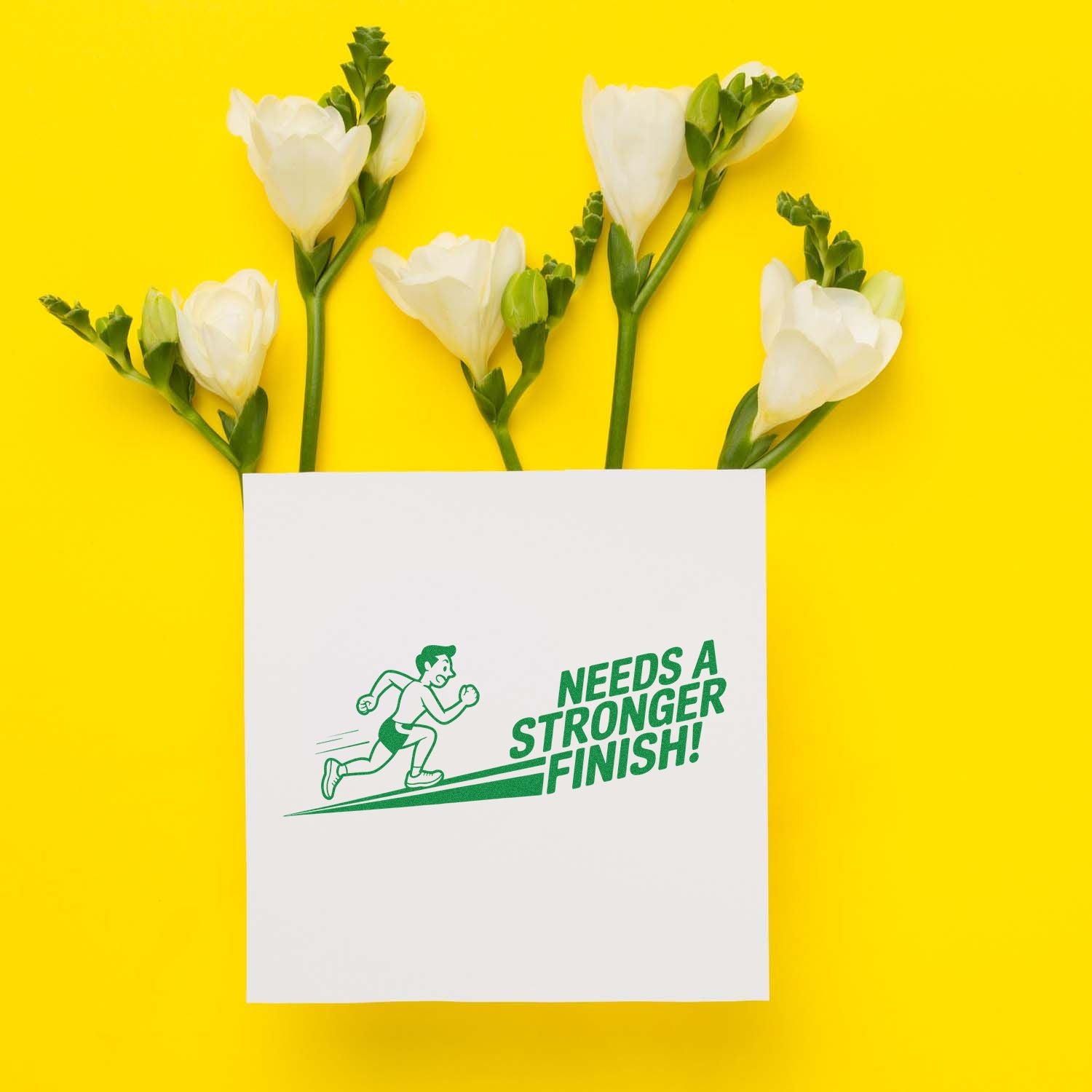 White flowers on bright yellow beside a white stamp-and-seal product sheet with green runner graphic and Needs a Stronger Finish!