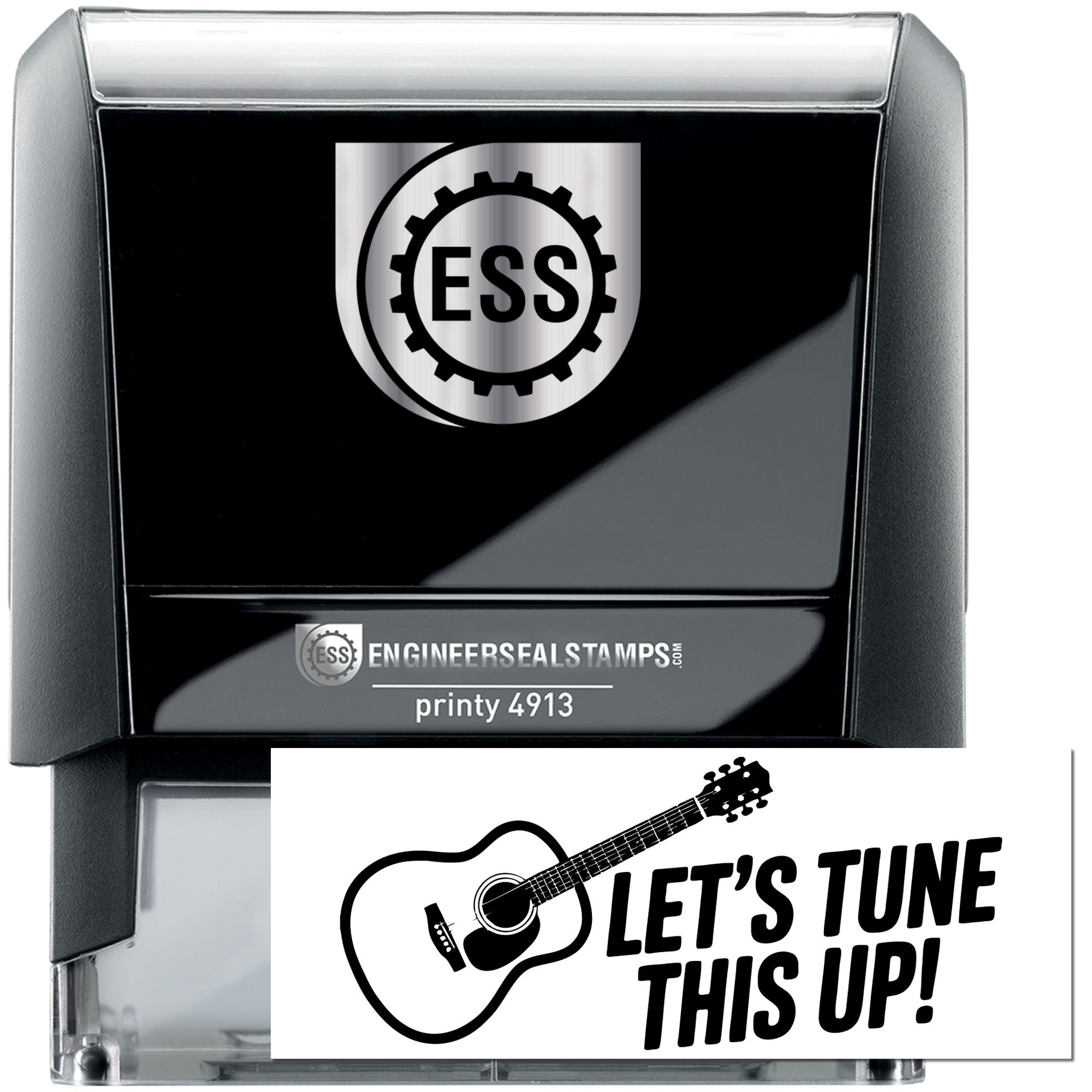 Black self-inking ESS stamp and seal with silver logo, guitar graphic, and LETS TUNE THIS UP! text