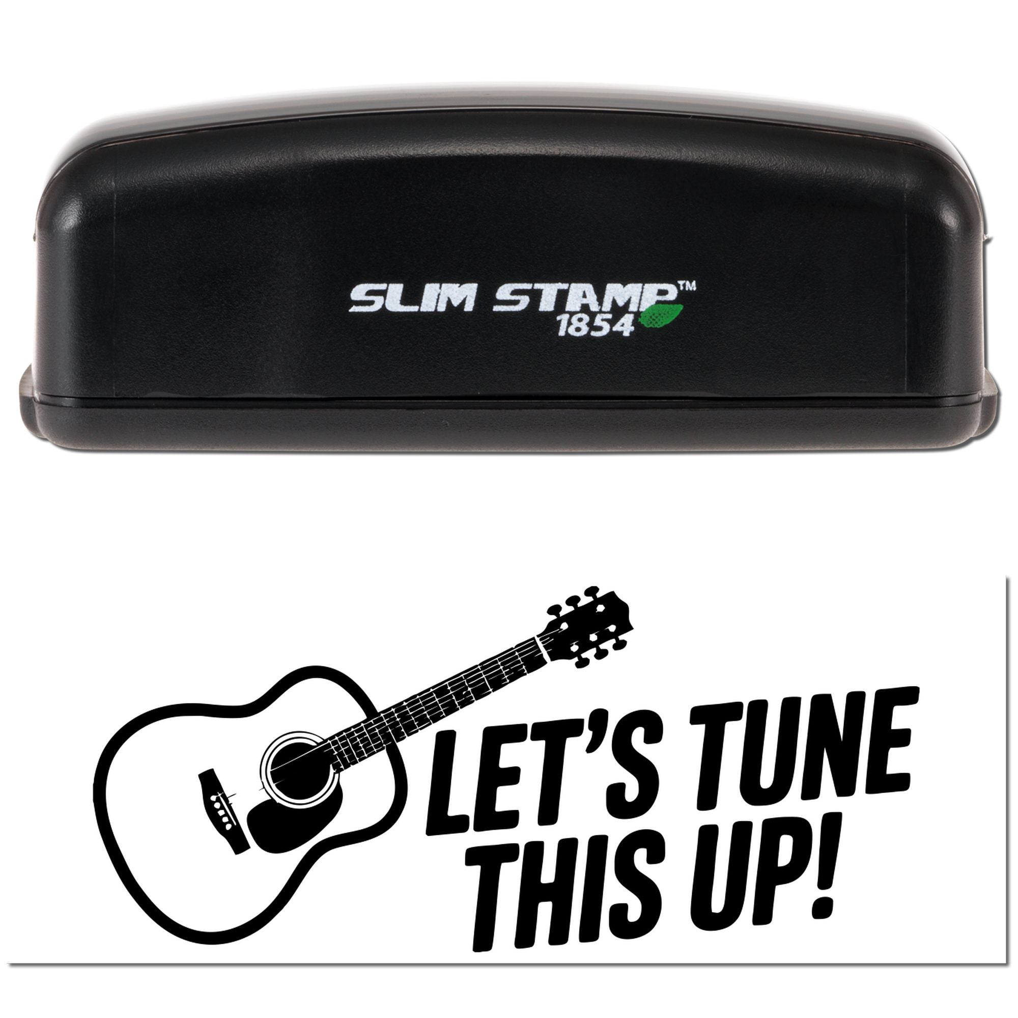 Black Slim Stamp 1854 stamp and seal with green leaf logo above white card reading Lets Tune This Up! and guitar graphic.