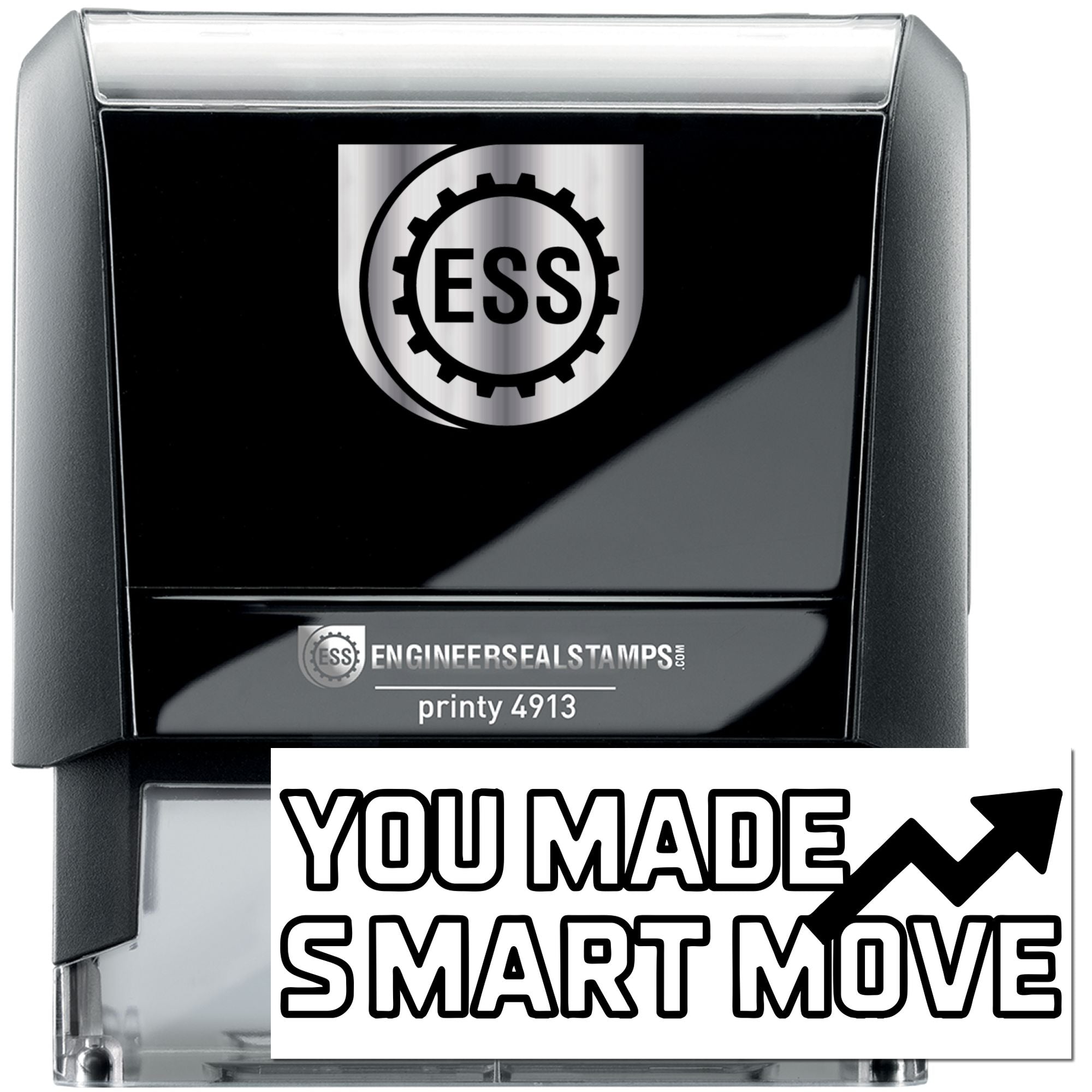 Black self-inking engineer seal stamp with silver ESS logo and white You Made Smart Move label.