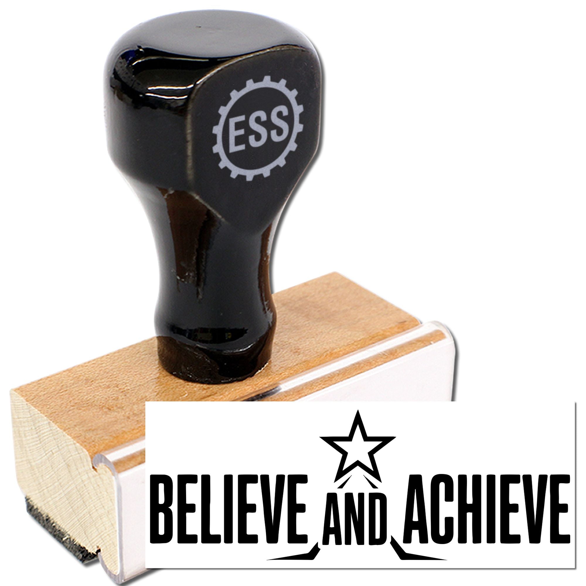 Black custom rubber stamp and seal with ESS gear logo on wood base, plus Believe and Achieve imprint.