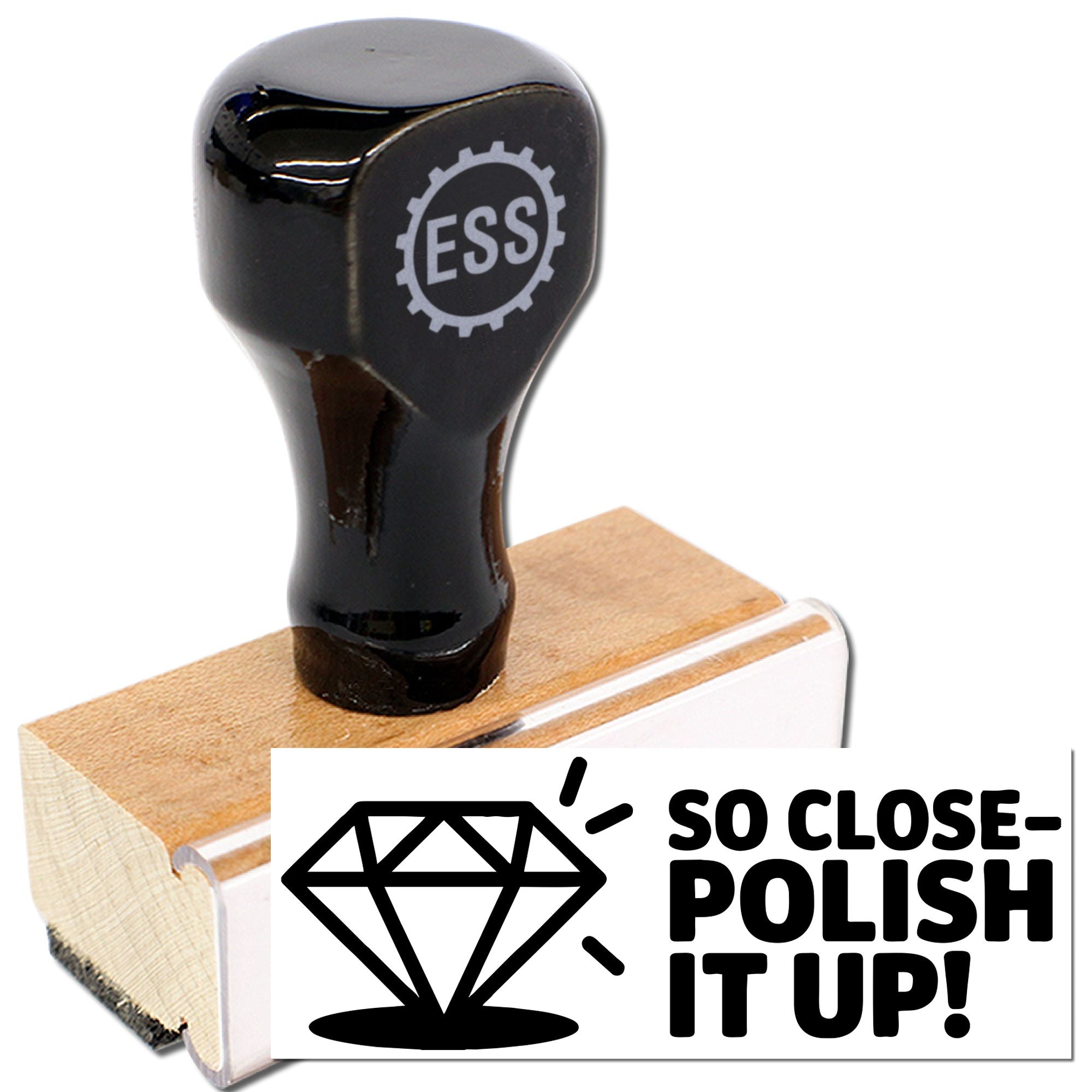 Black ESS stamp handle on a wooden seal block, with diamond icon and So ClosePolish It Up! text on white card.