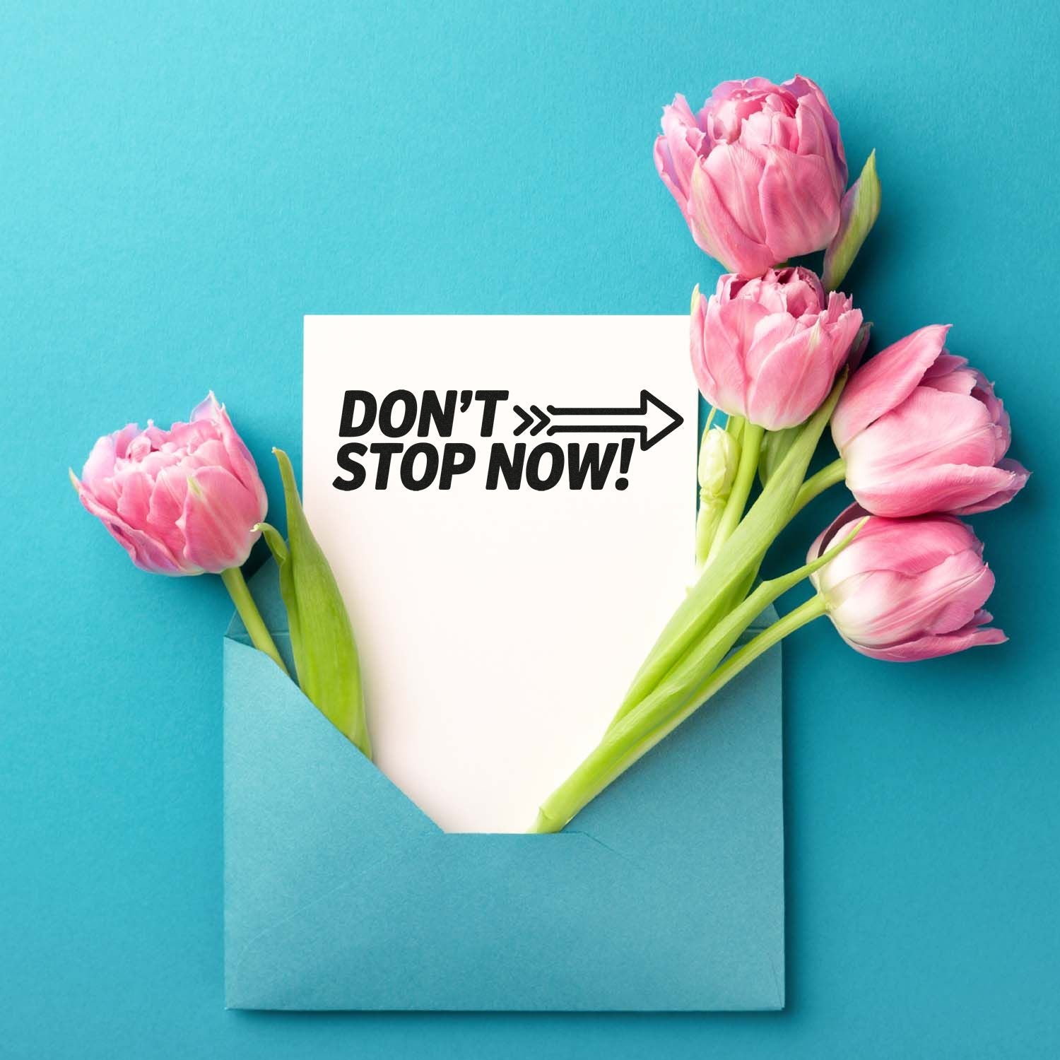 Blue envelope with pink tulips and a white card featuring a bold black DONT STOP NOW! stamp/seal design.