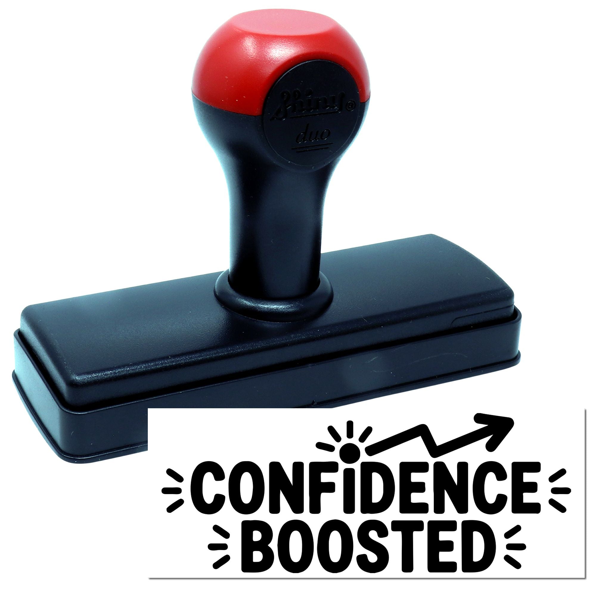 Red and black self-inking stamp with black base and CONFIDENCE BOOSTED seal impression