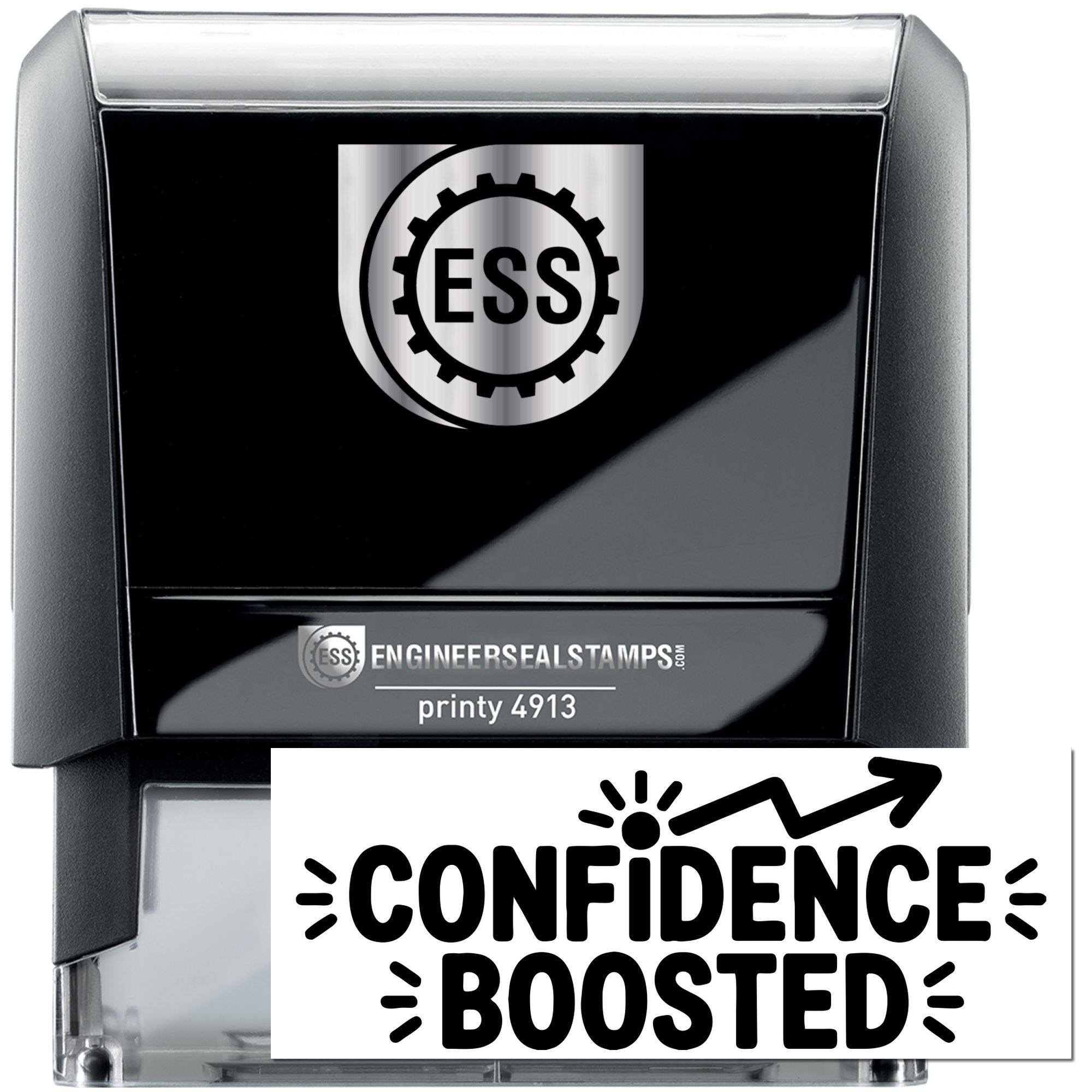 Black self-inking engineer seal stamp with silver ESS logo and white CONFIDENCE BOOSTED imprint.