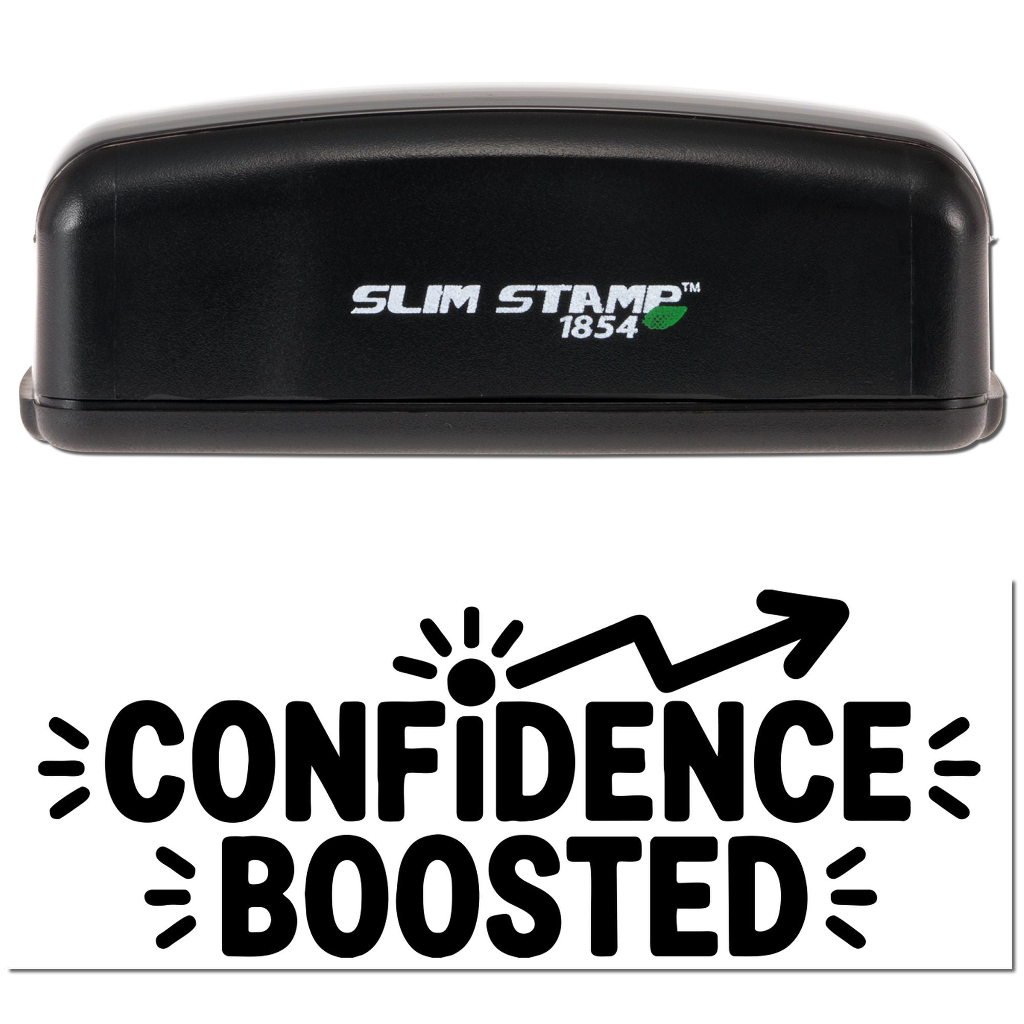 Black Slim Stamp 1854 self-inking stamp with bold CONFIDENCE BOOSTED seal graphic and arrow accent on white background.