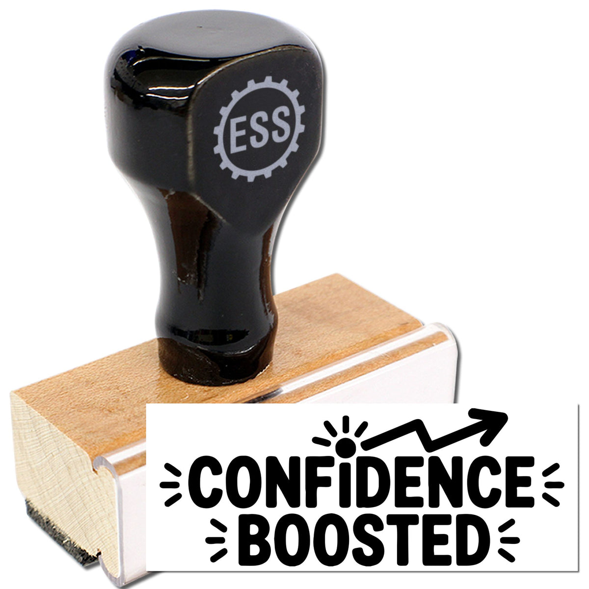 Acorn So Close Polish It Up classroom reward stock stamp with black wood handle and engraved design, ready for educational use.