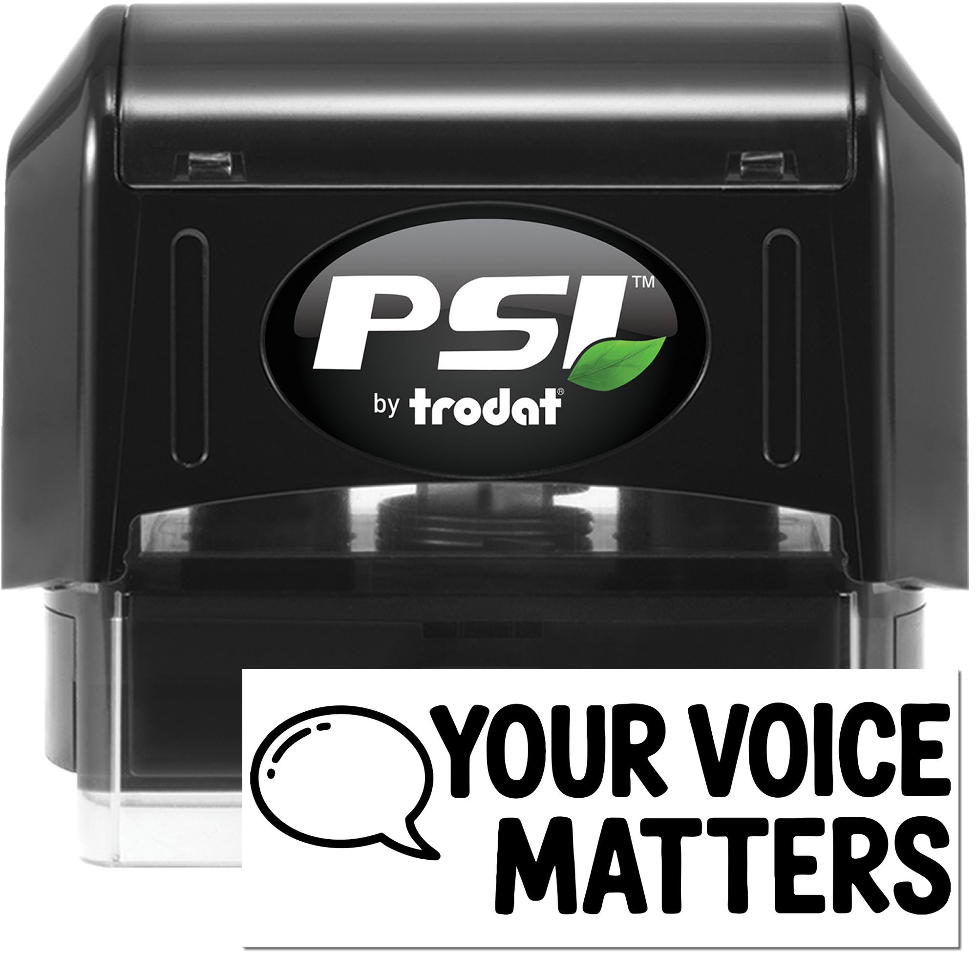 Black PSI by Trodat self-inking stamp and seal set with green leaf logo and Your Voice Matters text on white background.