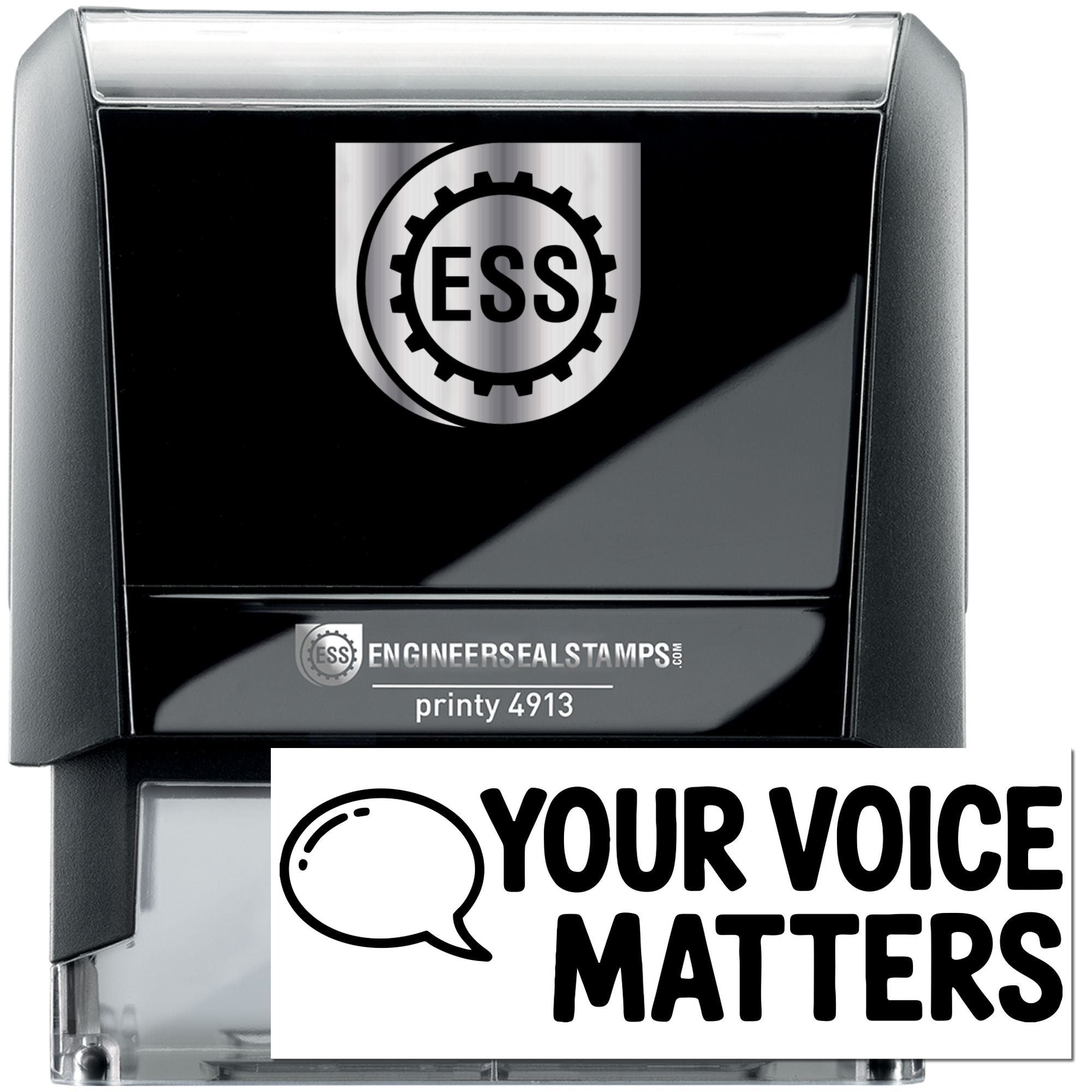 Black and silver ESS engineer seal stamp, Printy 4913, with gear logo and Your Voice Matters text.