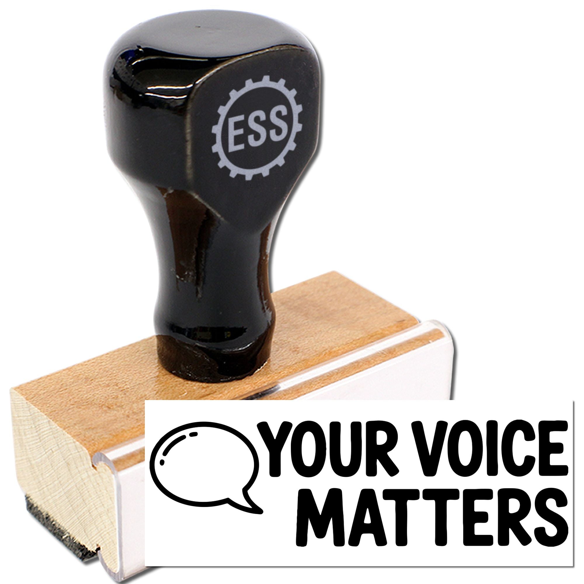 Black ESS rubber stamp on wooden base with white YOUR VOICE MATTERS seal