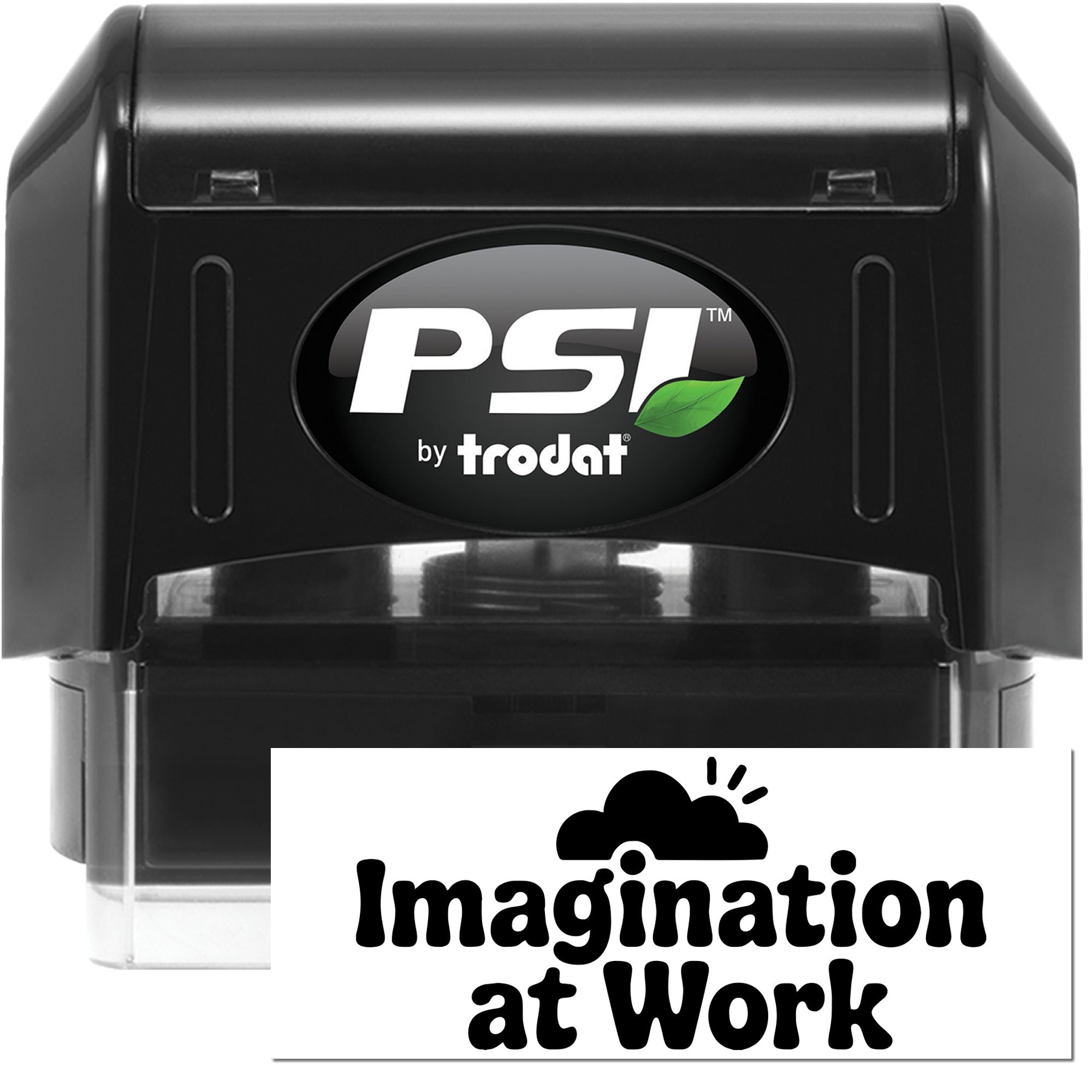 Black PSI by Trodat self-inking stamp and seal with clear base, green leaf logo, and Imagination at Work imprint.