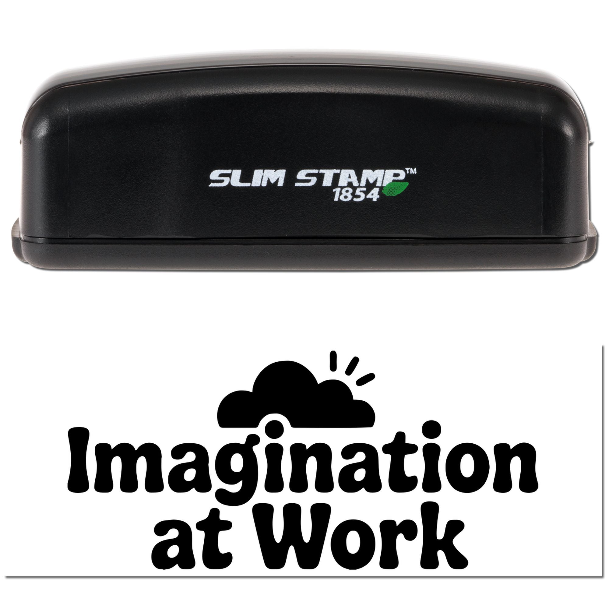 Black Slim Stamp 1854 self-inking stamp above black Imagination at Work seal logo on white background.