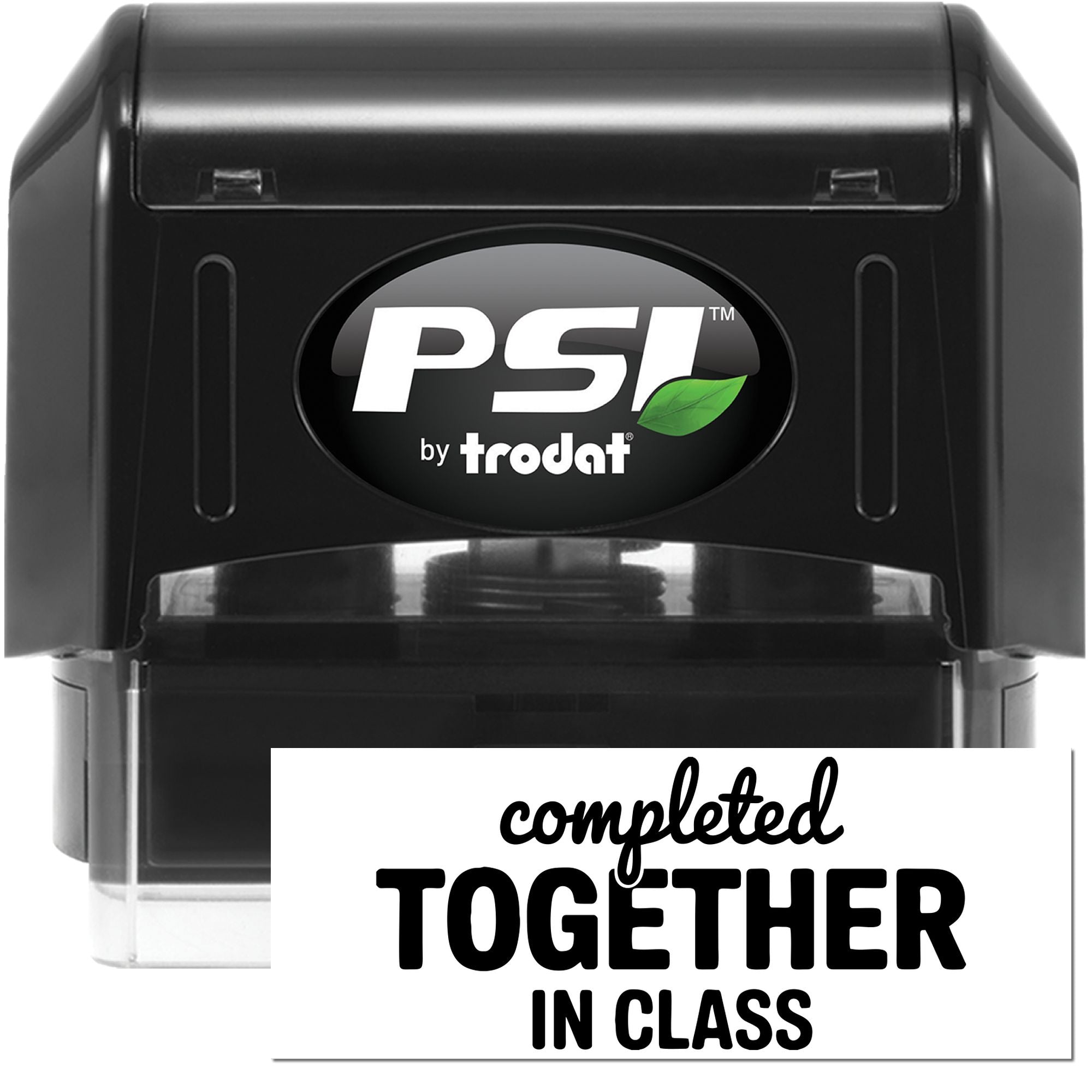 Black PSI by Trodat self-inking stamp and seal with white completed together in class impression.