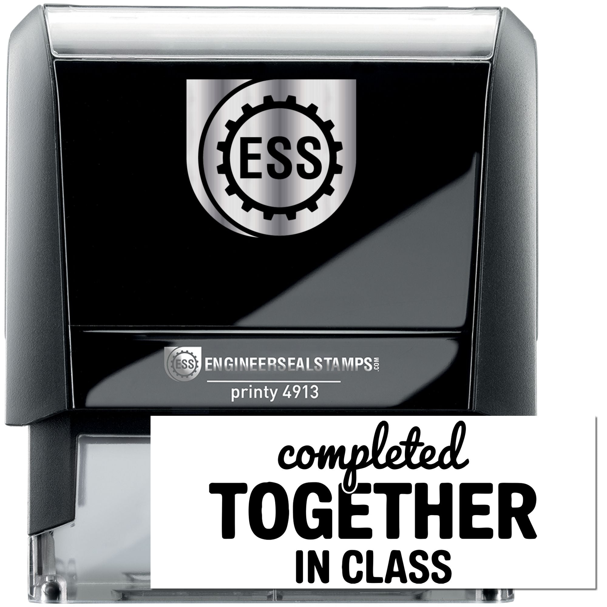 Black and silver ESS engineer seal stamp with gear logo and completed together in class text.