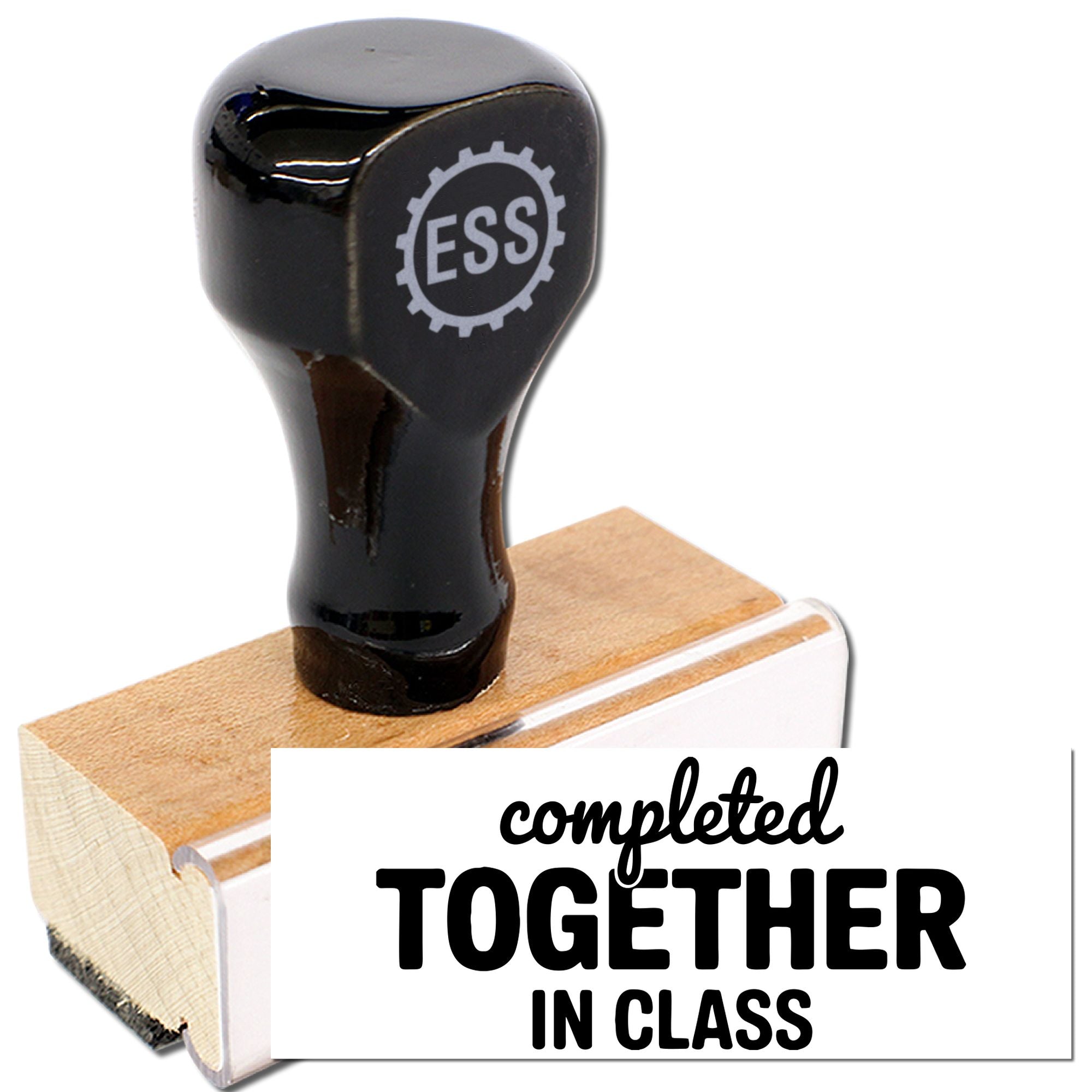 Black ESS rubber stamp with tan wooden base and white completed together in class seal text.