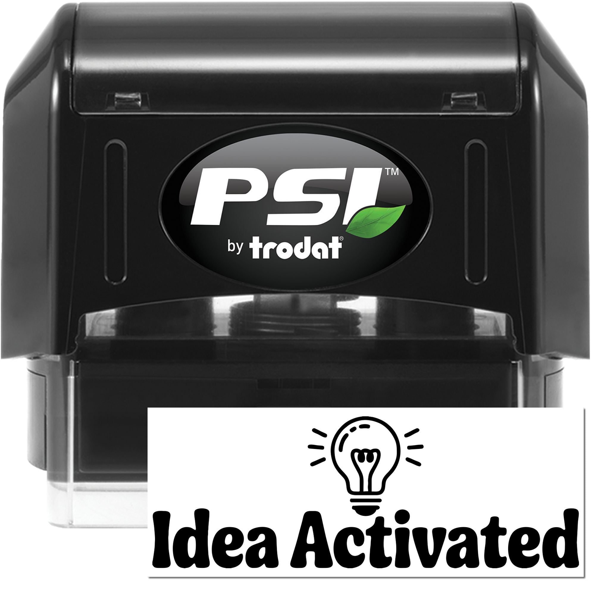 Black PSI by Trodat self-inking stamp in black with clear seal base and Idea Activated graphic.