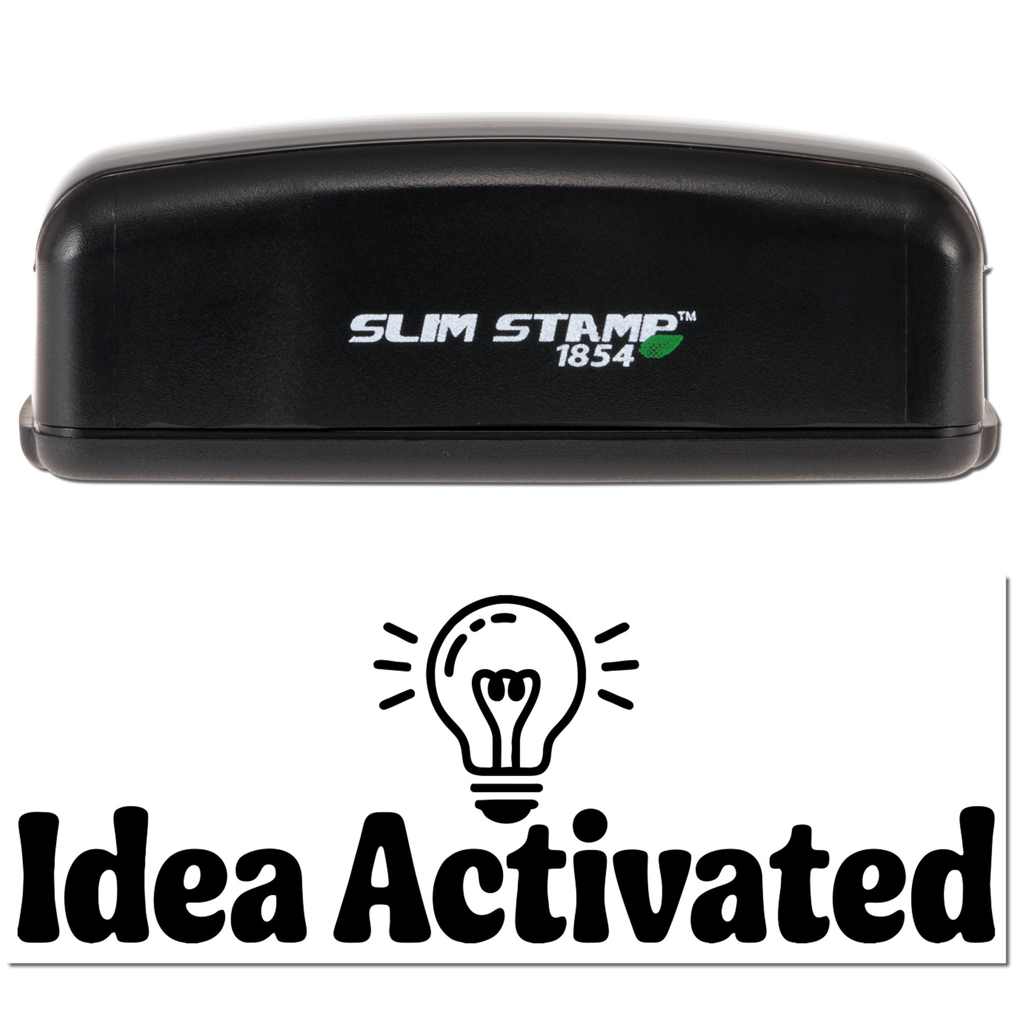 Black Slim Stamp 1854 stamp and seal with green leaf logo on white background, above Idea Activated text and lightbulb icon.