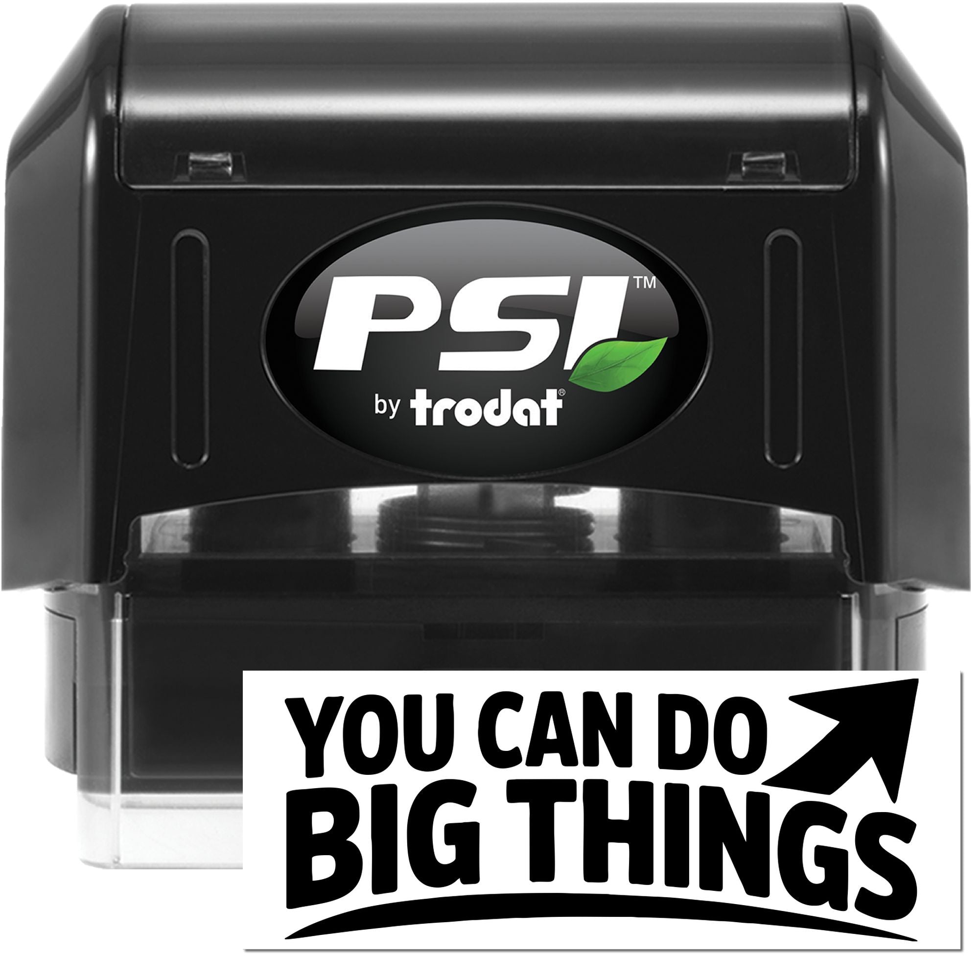 Black PSI by Trodat self-inking stamp and seal, with green leaf logo, clear base, and You Can Do Big Things text.