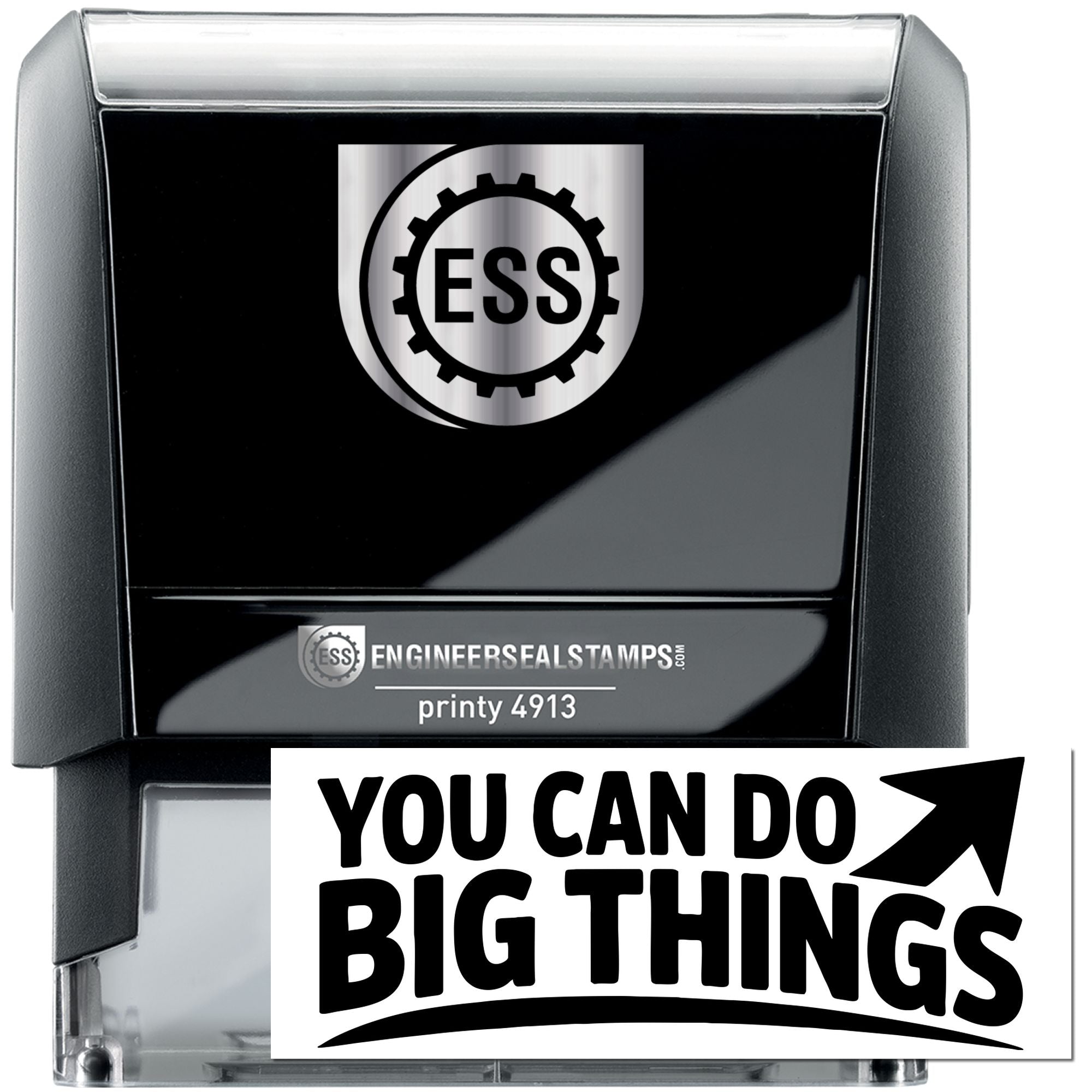 Black and silver self-inking ESS stamp and seal with gear logo and bold You Can Do Big Things slogan.