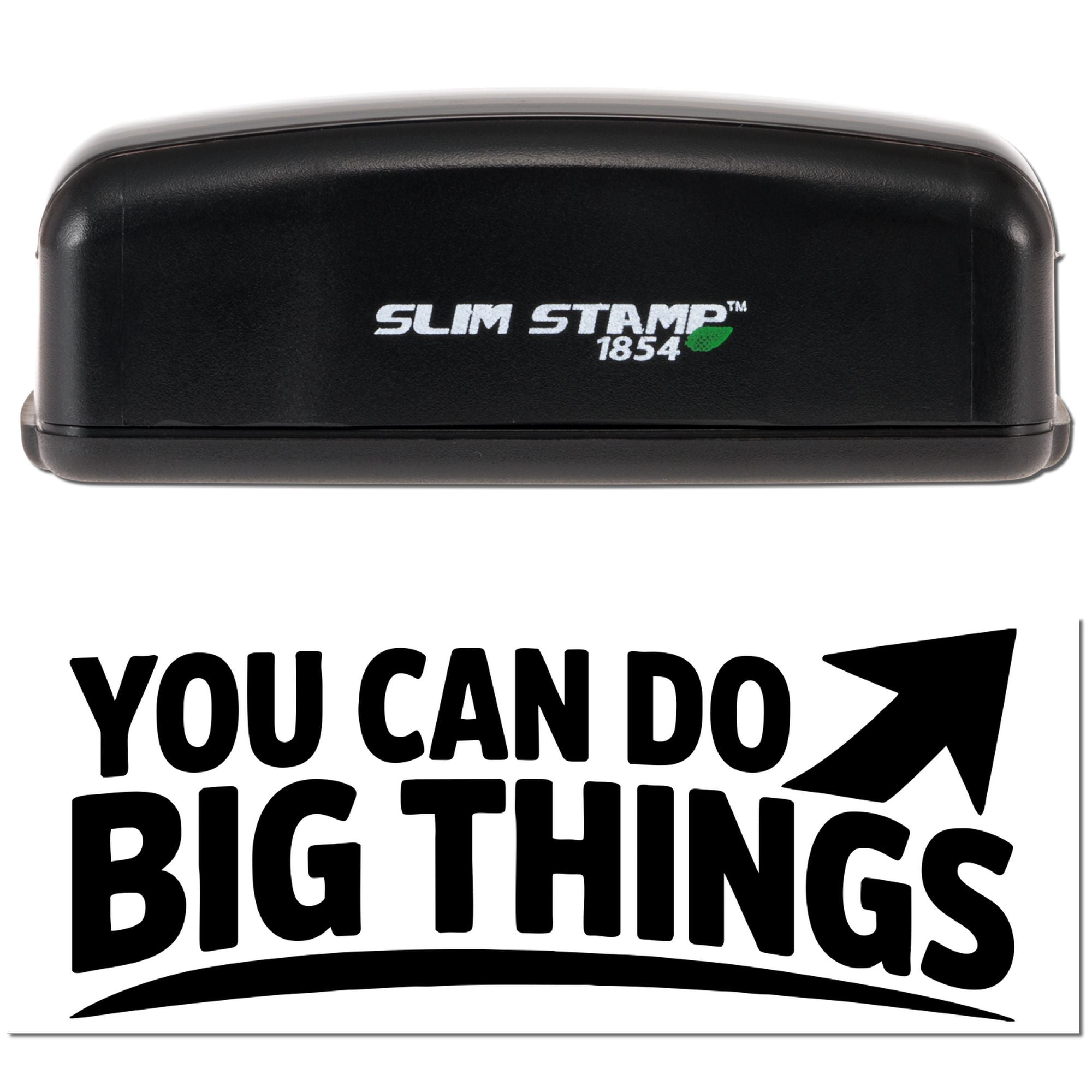 Black Slim Stamp 1854 self-inking stamp and seal with white and green logo and bold You Can Do Big Things text.