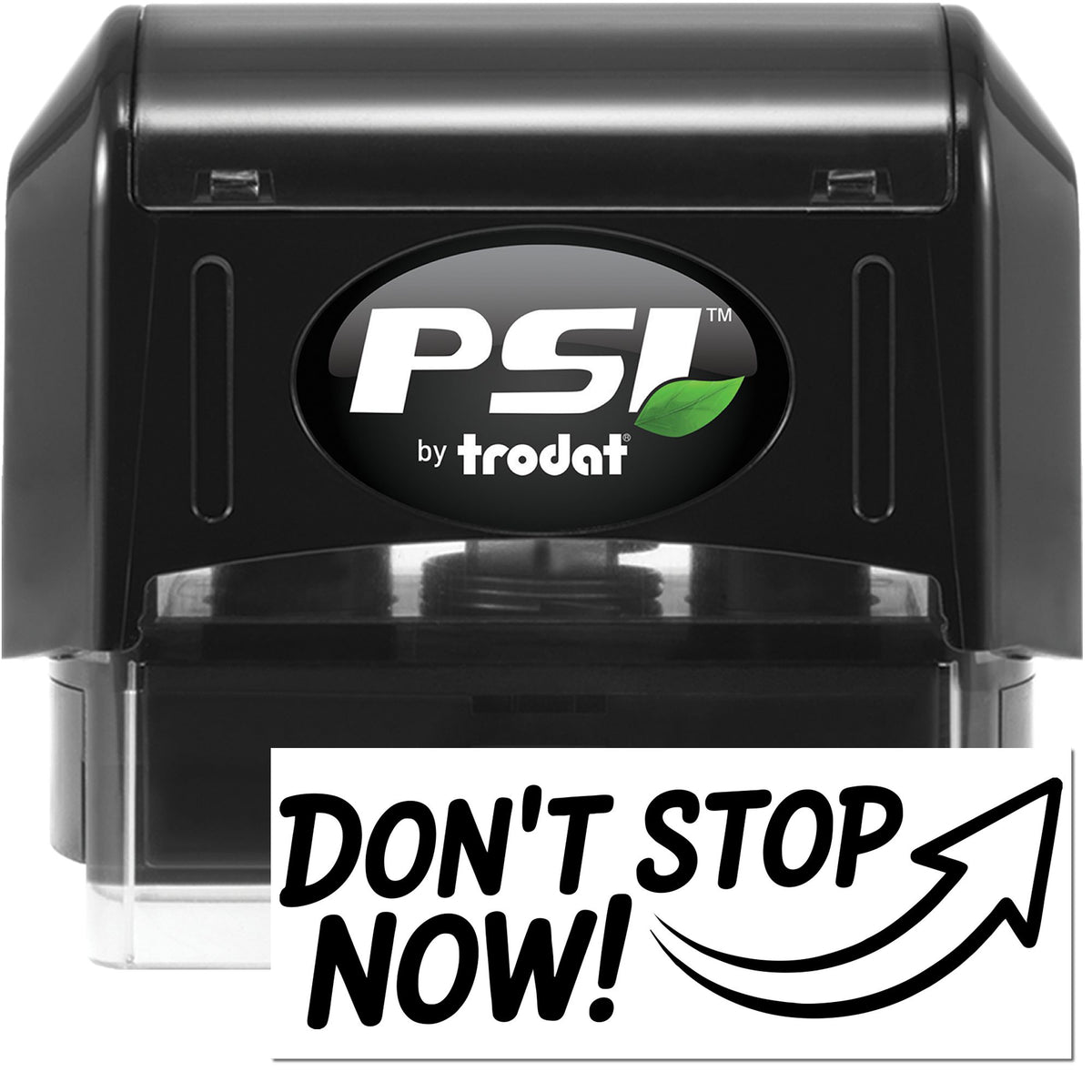 Black Trodat PSI Pre-Inked Stock Stamp with "Idea Activated" message, showing the stamped impression on a white surface.