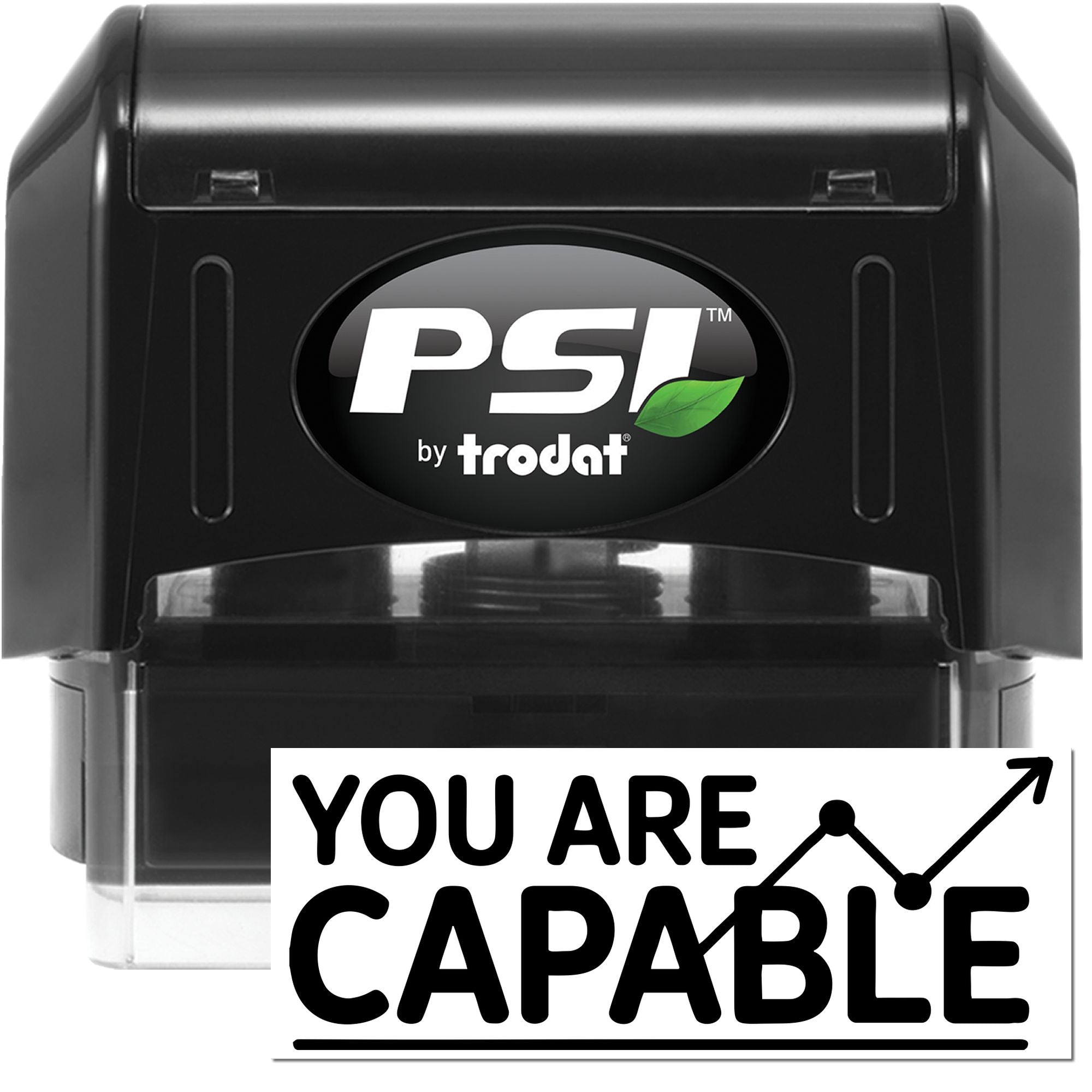 Black PSI by Trodat self-inking stamp with white logo, green leaf, and You Are Capable seal design.