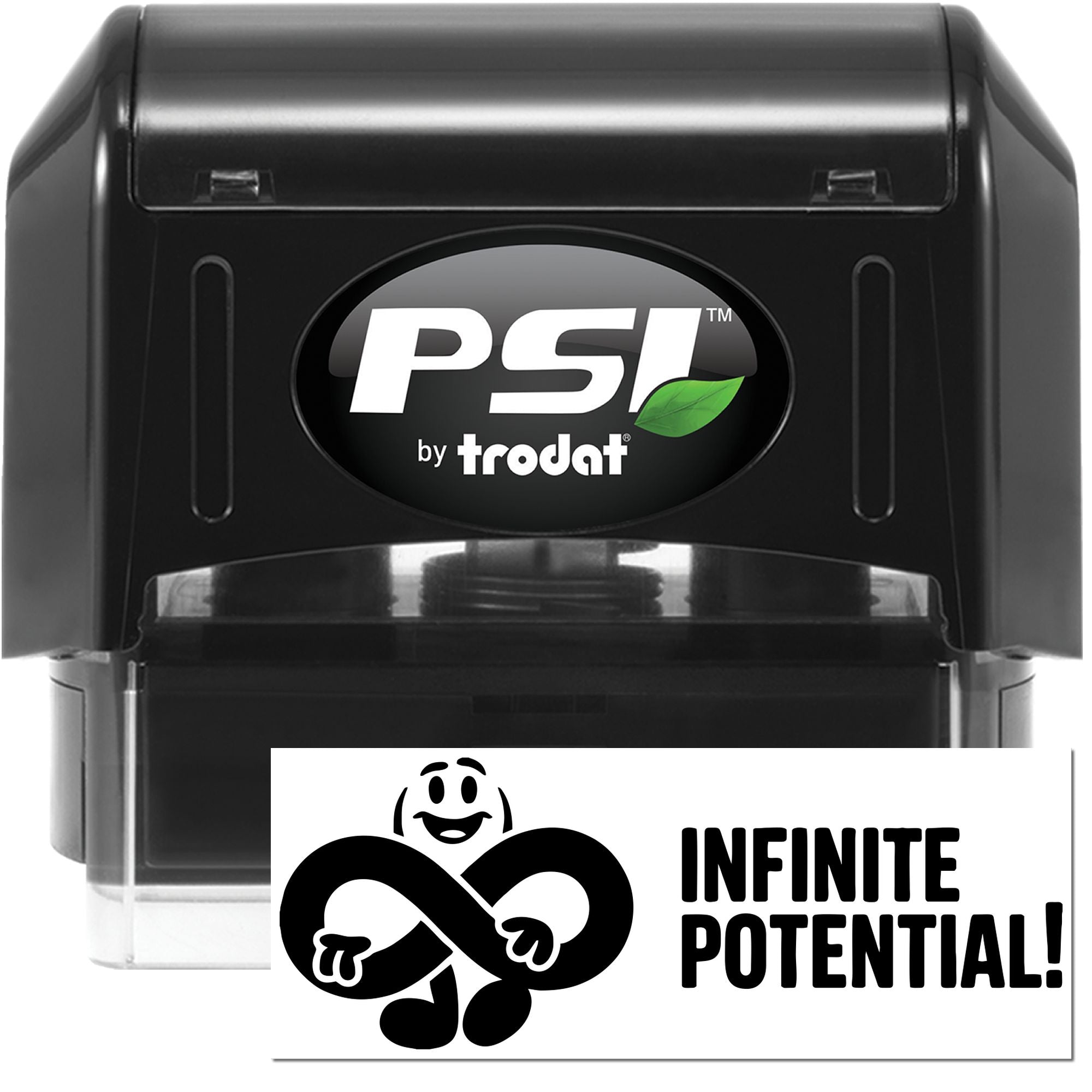 Black PSI by Trodat self-inking stamp and seal with green leaf logo and Infinite Potential! design insert.