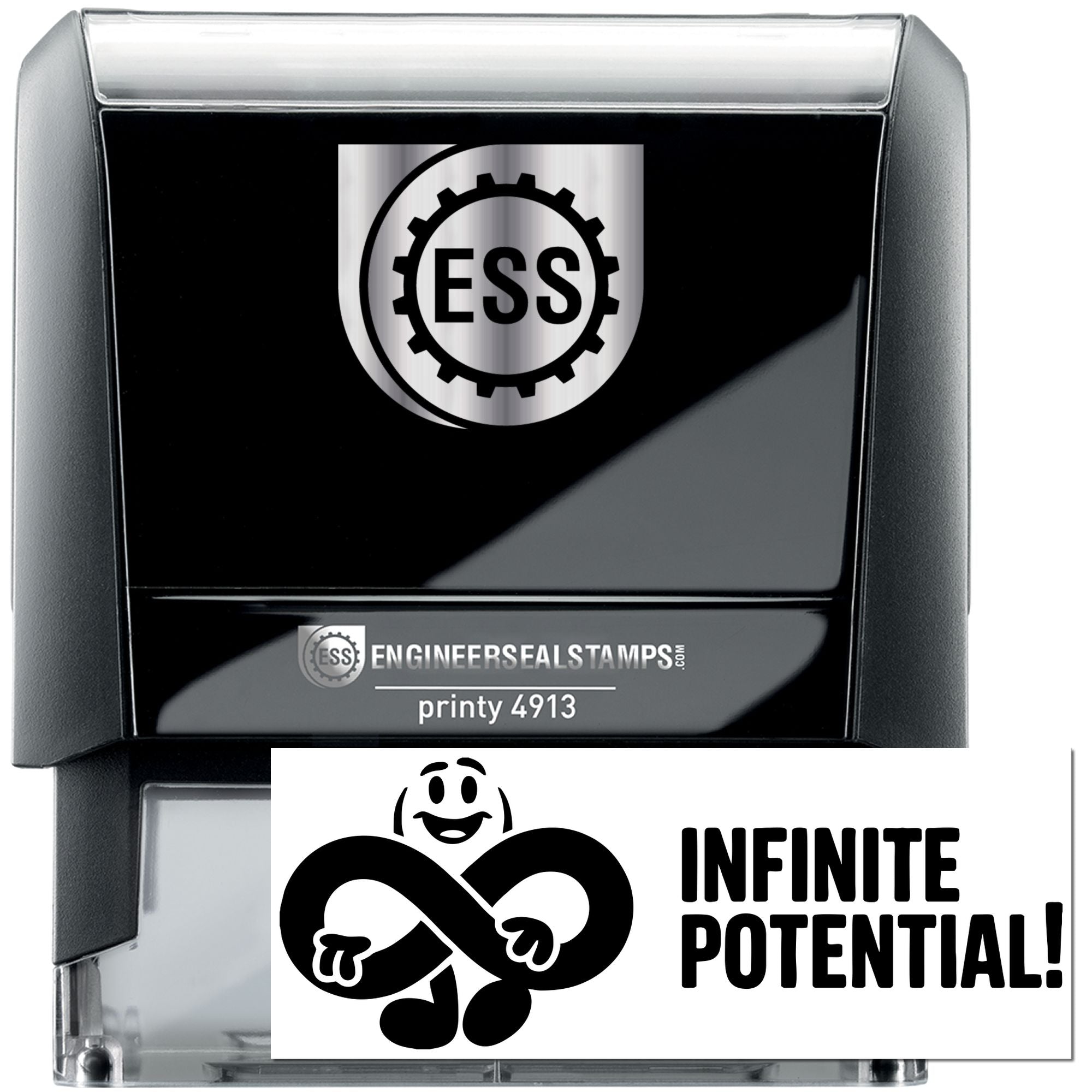 Black self-inking ESS engineer seal stamp with silver trim and gear logo; includes Infinite Potential imprint.