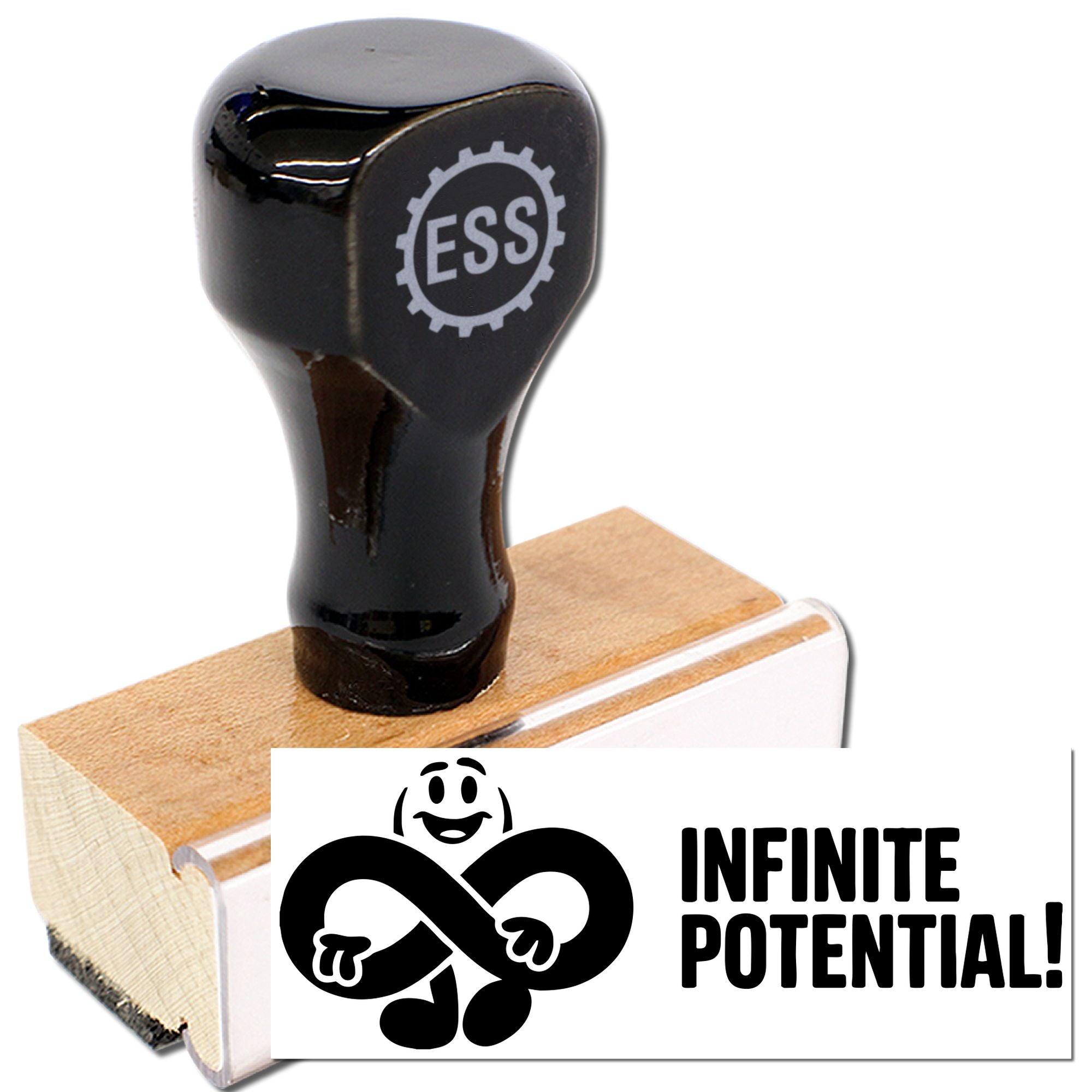Black ESS rubber stamp and seal on wood, with white INFINITE POTENTIAL! imprint and infinity design.