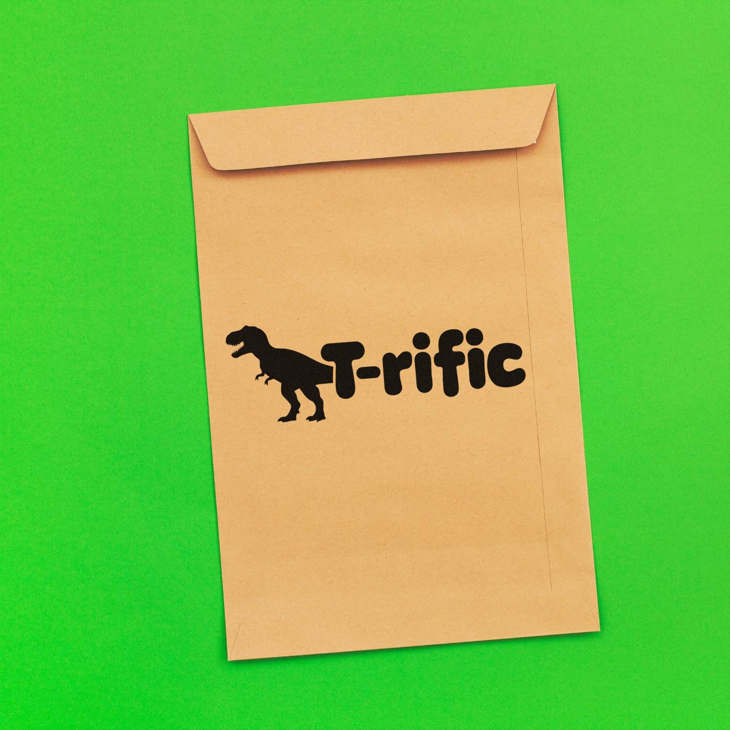 Brown envelope-style stamp and seal with black T-rific dinosaur logo on bright green background.
