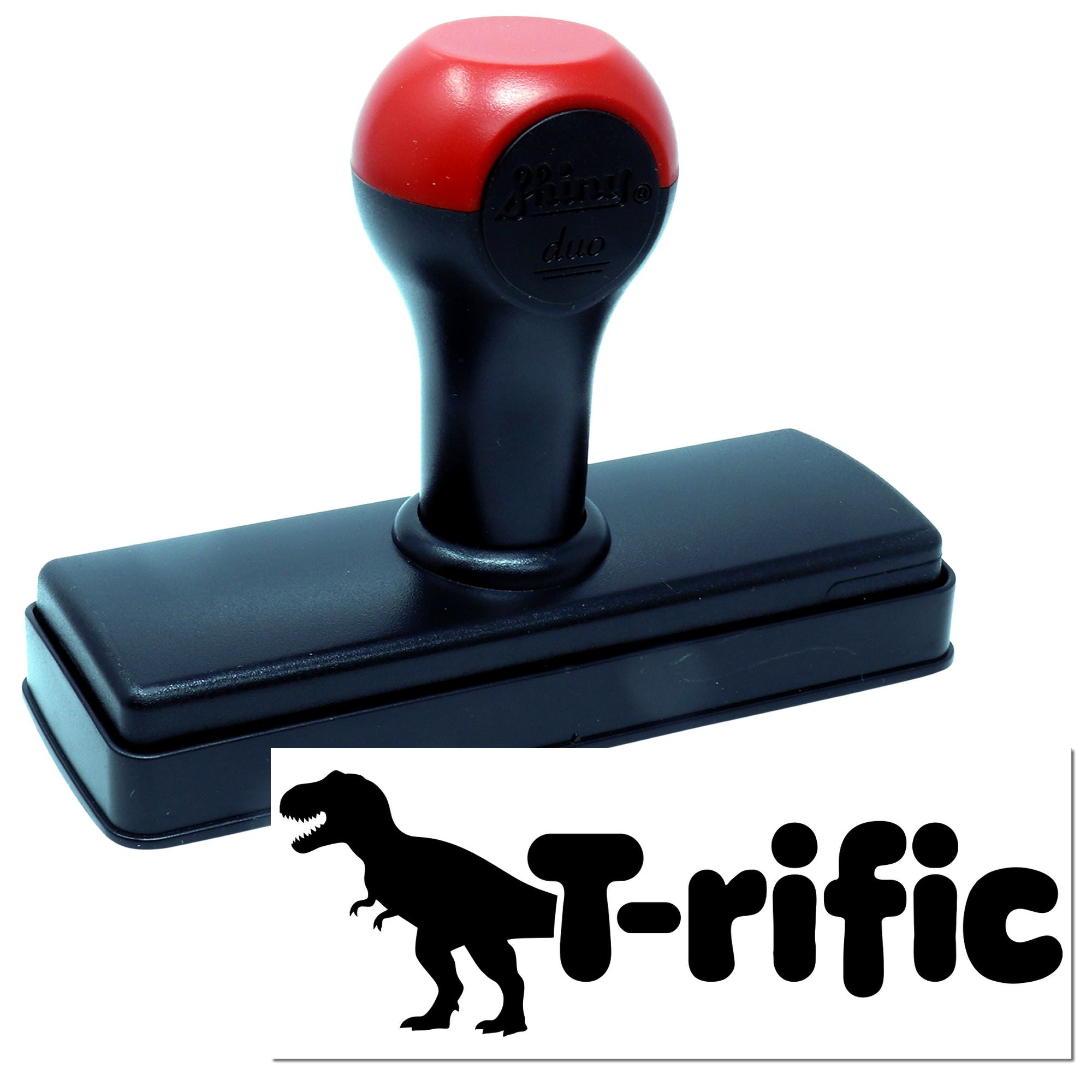 Red and black self-inking stamp and seal with black rectangular base and T-rific dinosaur logo on white background.