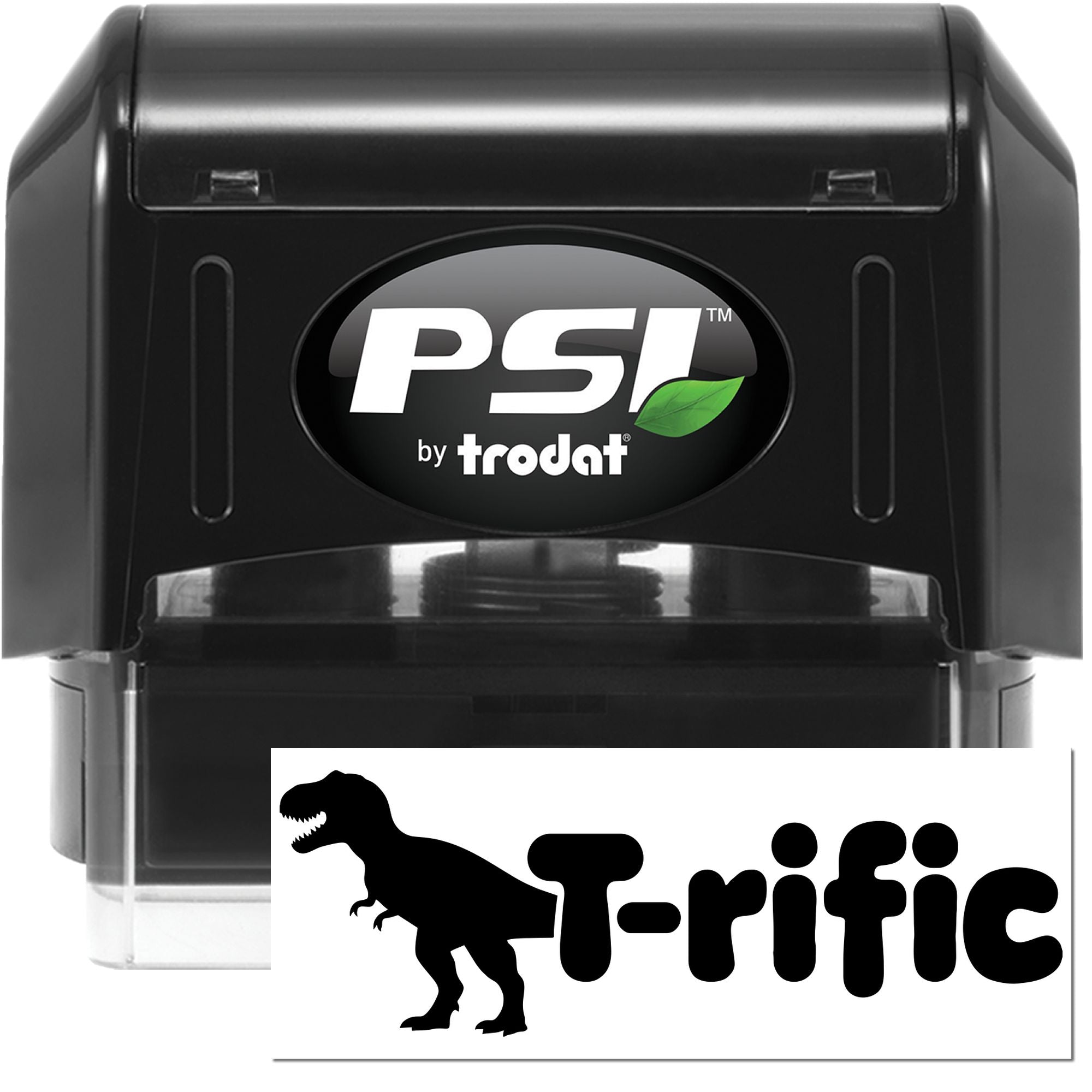 Black PSI by Trodat self-inking stamp with green leaf logo and T-rific dinosaur seal on white background