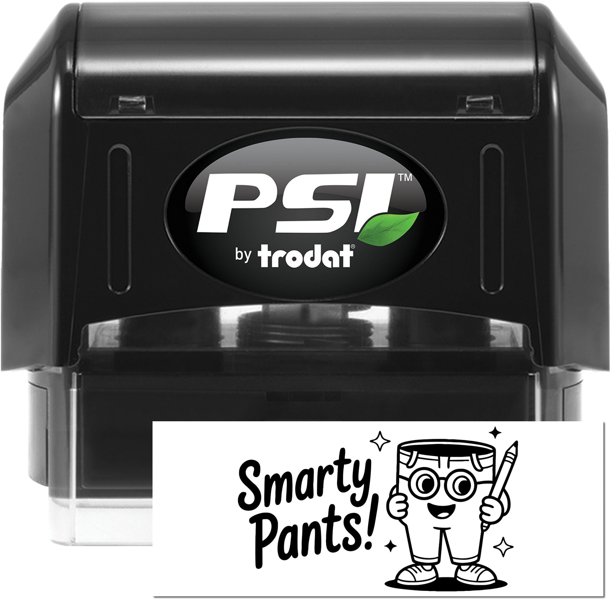 Black PSI by Trodat self-inking stamp and seal with green leaf logo, clear cover, and Smarty Pants! imprint card