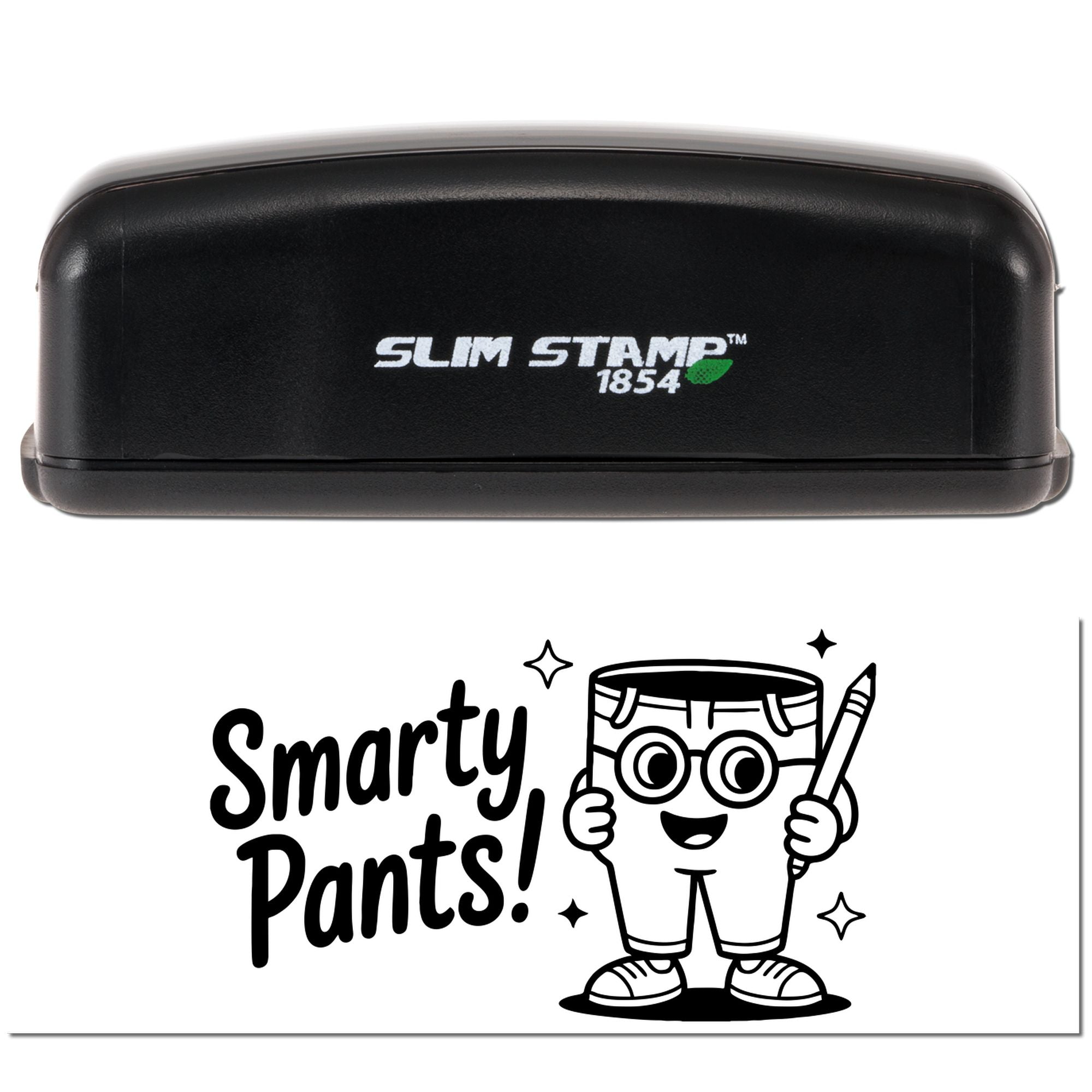 Black Slim Stamp 1854 self-inking stamp with black-and-white Smarty Pants! seal design and cartoon character.