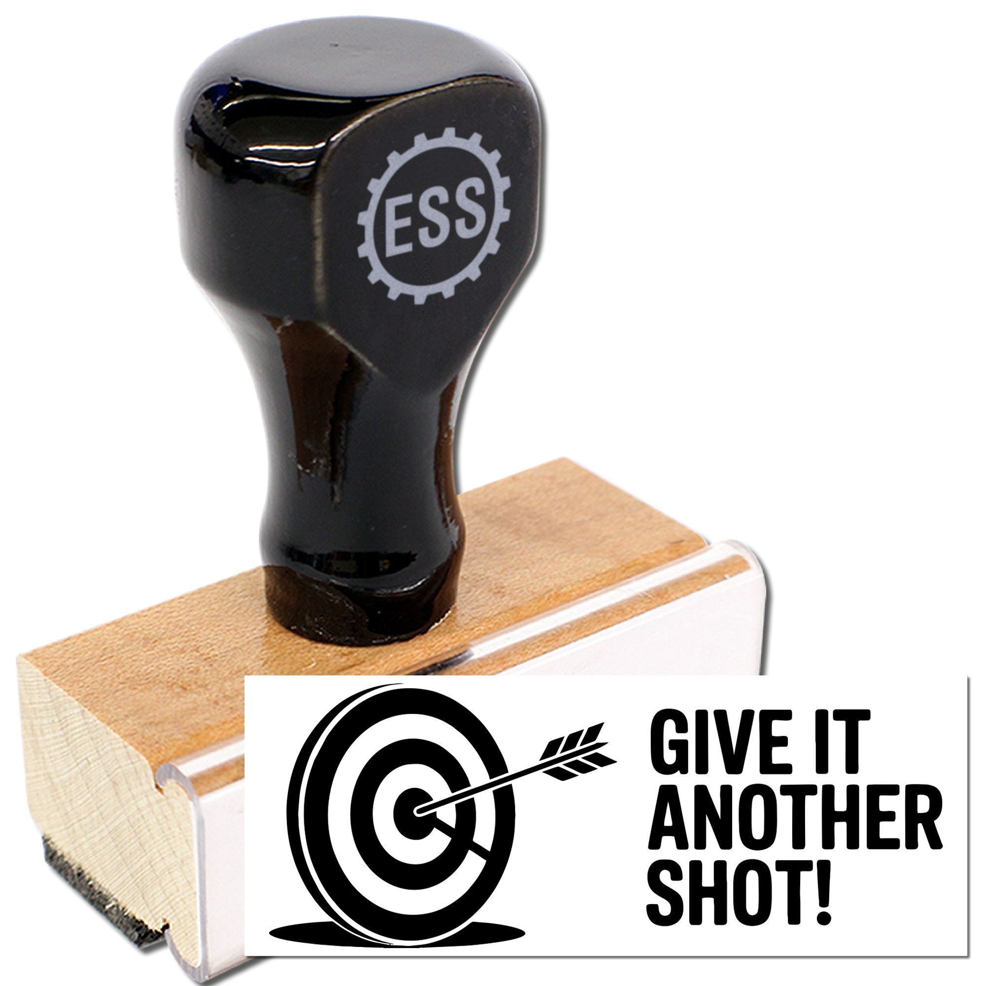 Black custom rubber stamp on wooden base with target logo and GIVE IT ANOTHER SHOT! seal text.