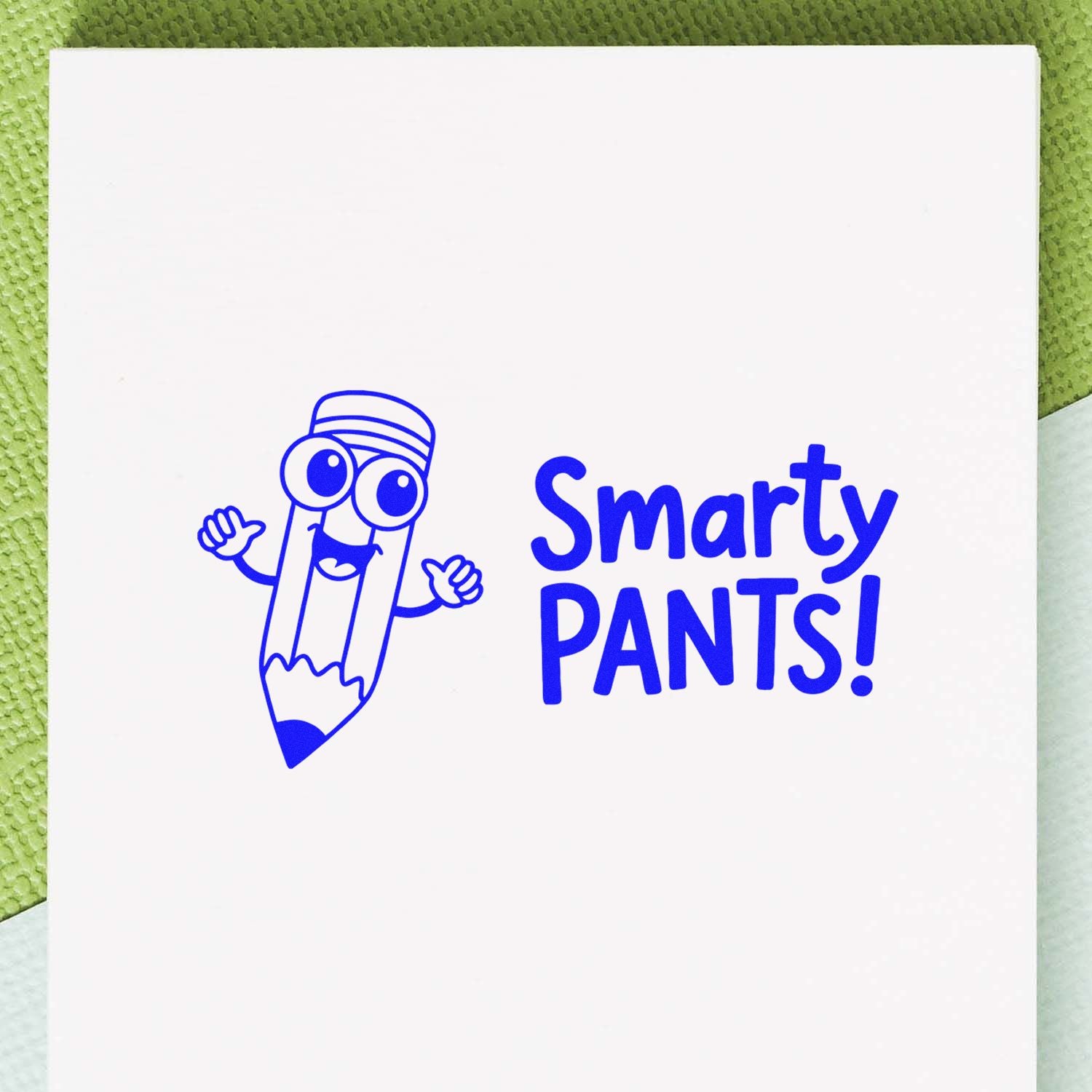 Blue Smarty PANTS! stamp seal with cartoon pencil mascot on white paper over green textured background