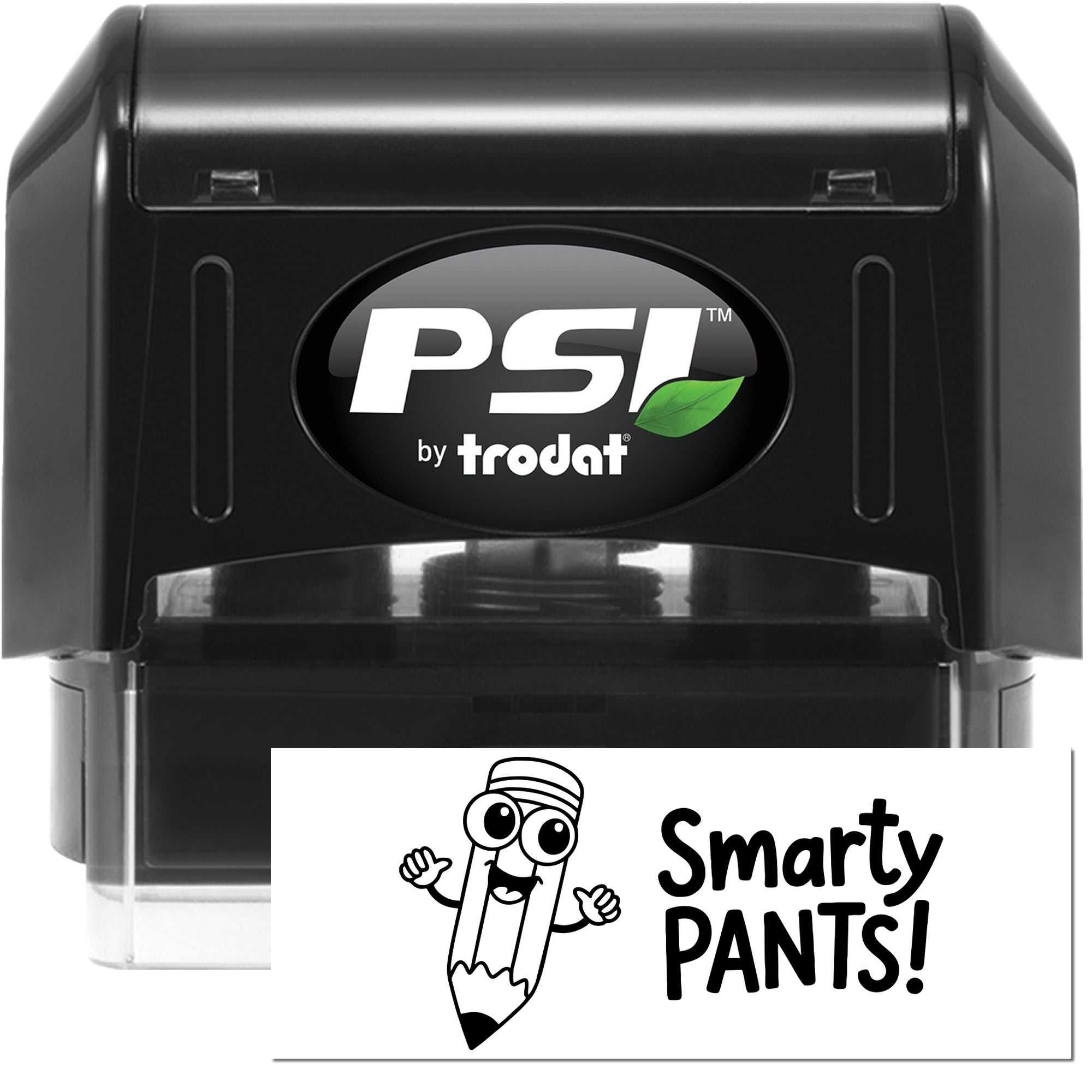 Black PSI by Trodat self-inking stamp with green leaf logo and Smarty PANTS! seal impression