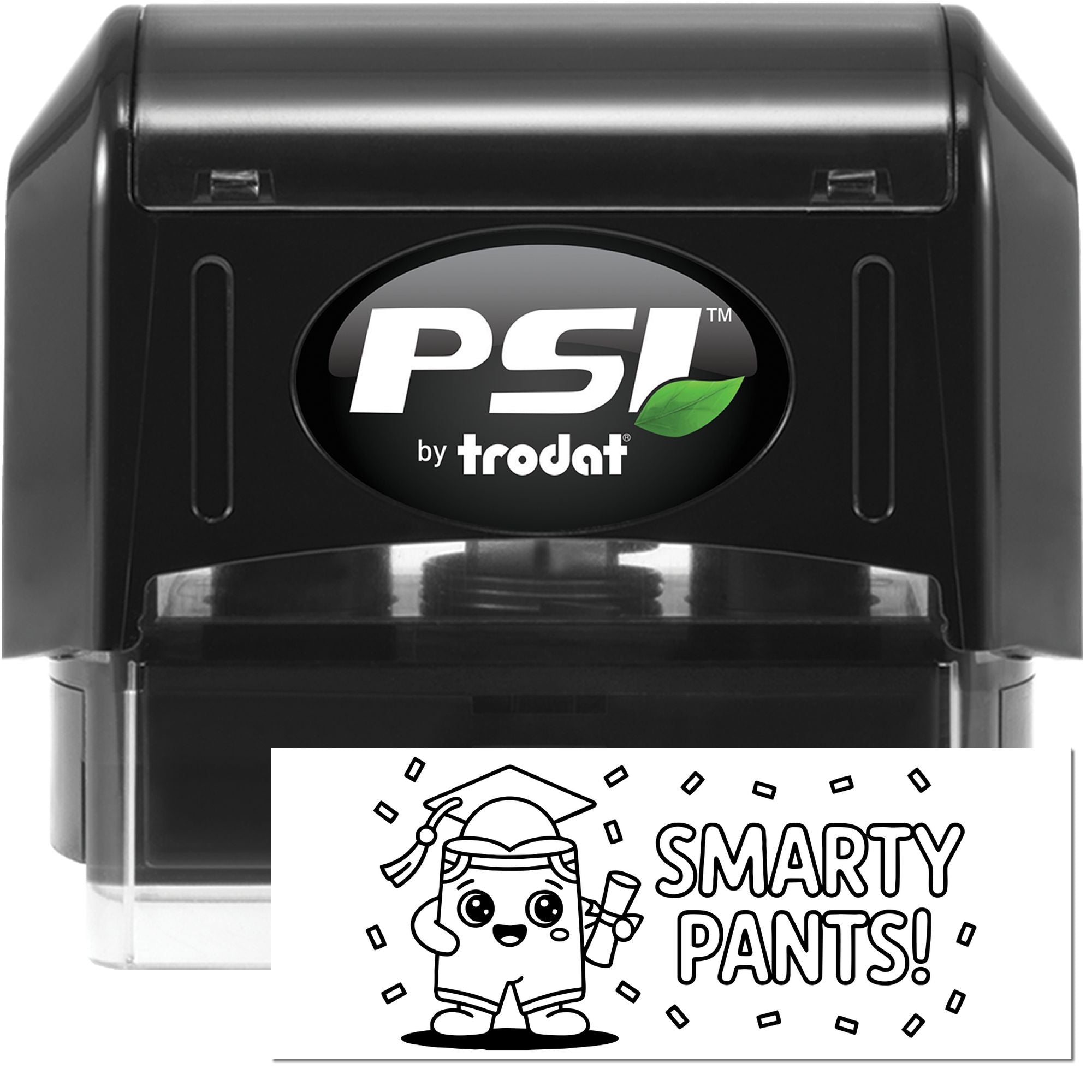 Black PSI by Trodat self-inking stamp with clear seal, showing a white Smarty Pants! graduation design and cartoon character.