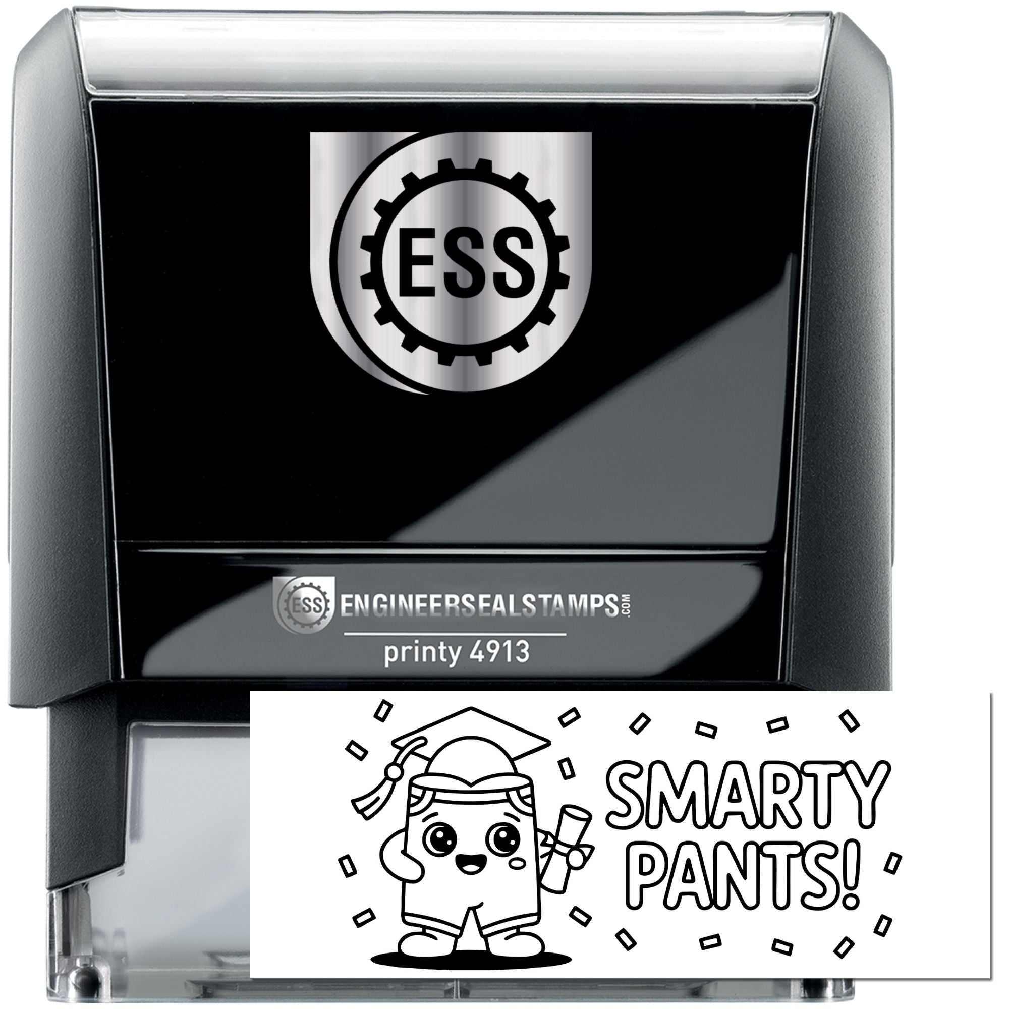 Black self-inking stamp and seal with silver top, ESS logo, and Smarty Pants! design