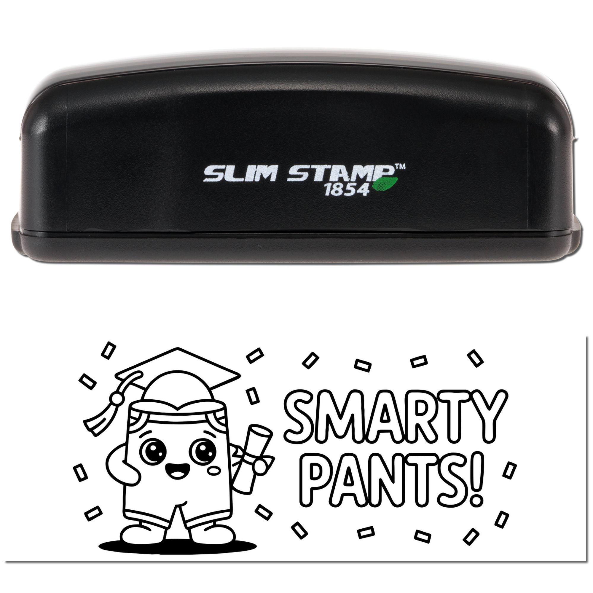 Black Slim Stamp 1854 self-inking stamp with a Smarty Pants graduation seal design