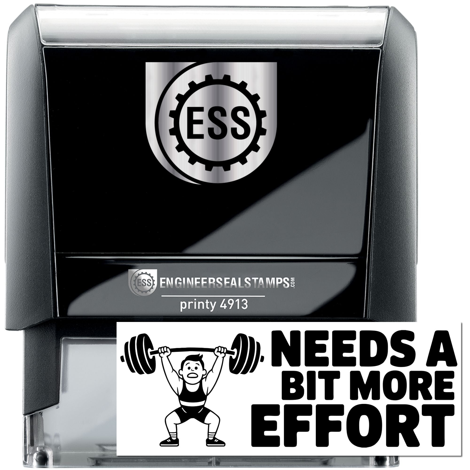 Black and silver ESS self-inking stamp with gear logo and Needs a Bit More Effort seal design.