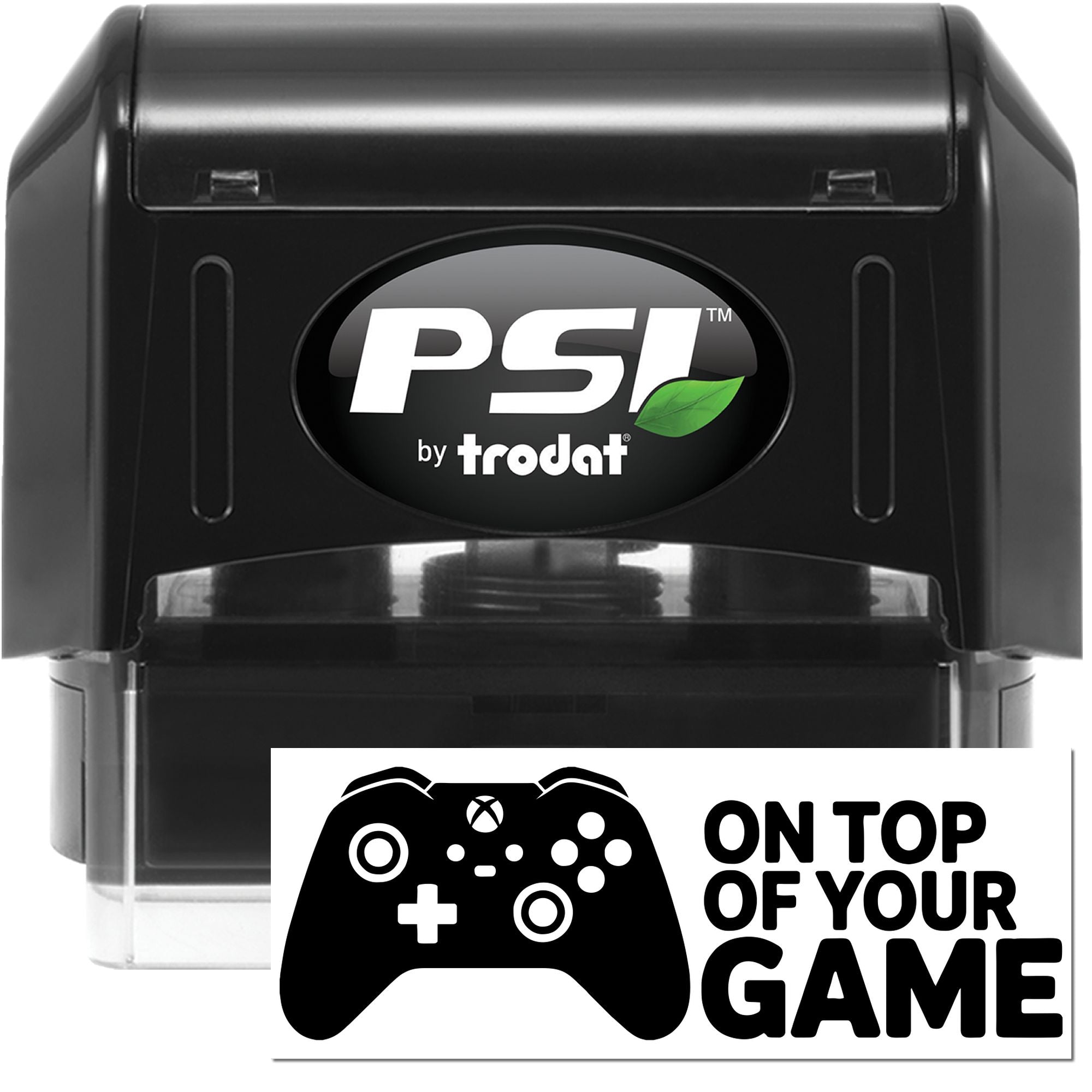 Black PSI by Trodat self-inking stamp and seal with green leaf logo and game controller graphic on white.